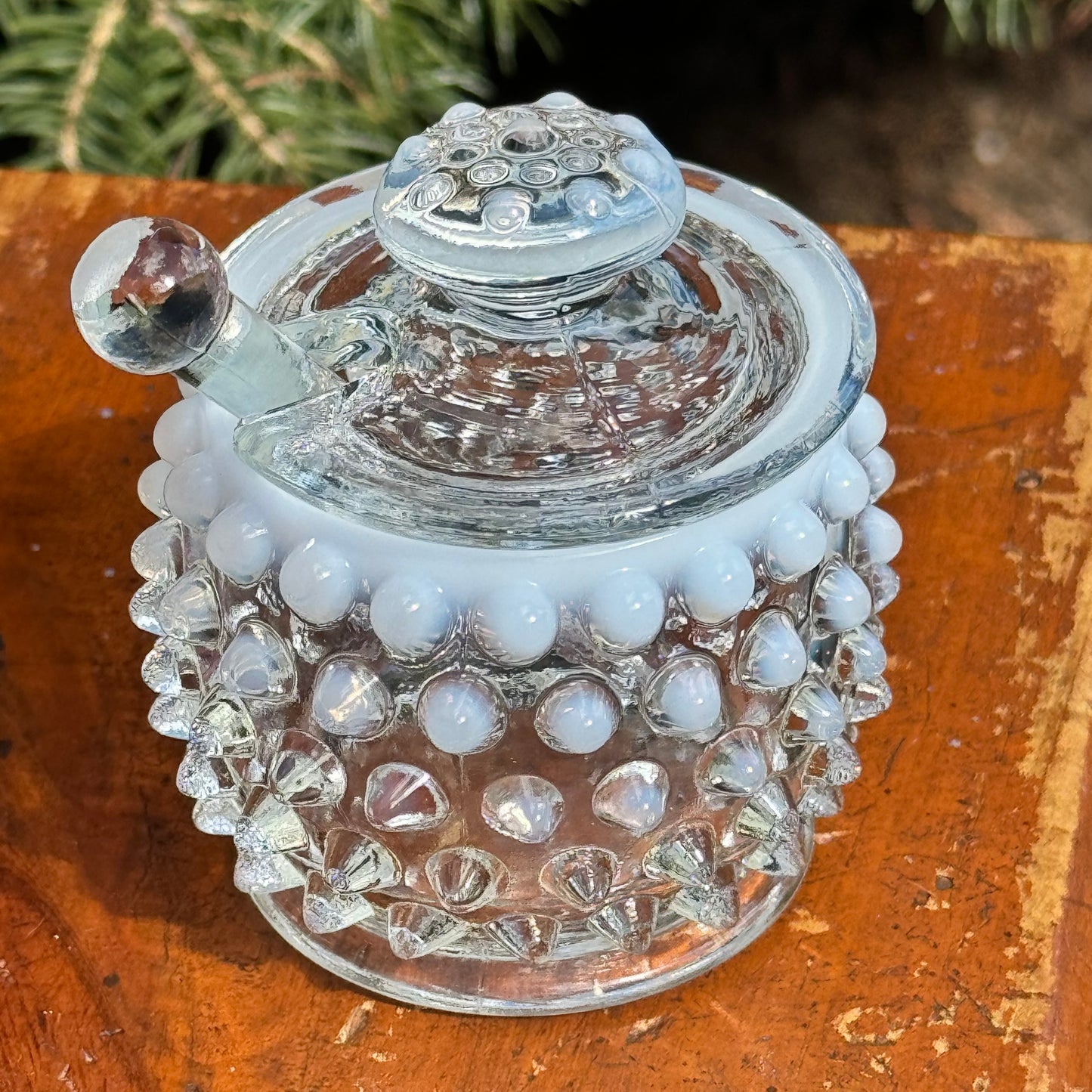 Fenton Hobnail Opalescent Moonstone Covered Jam, Jelly Jar or Mustard Jar