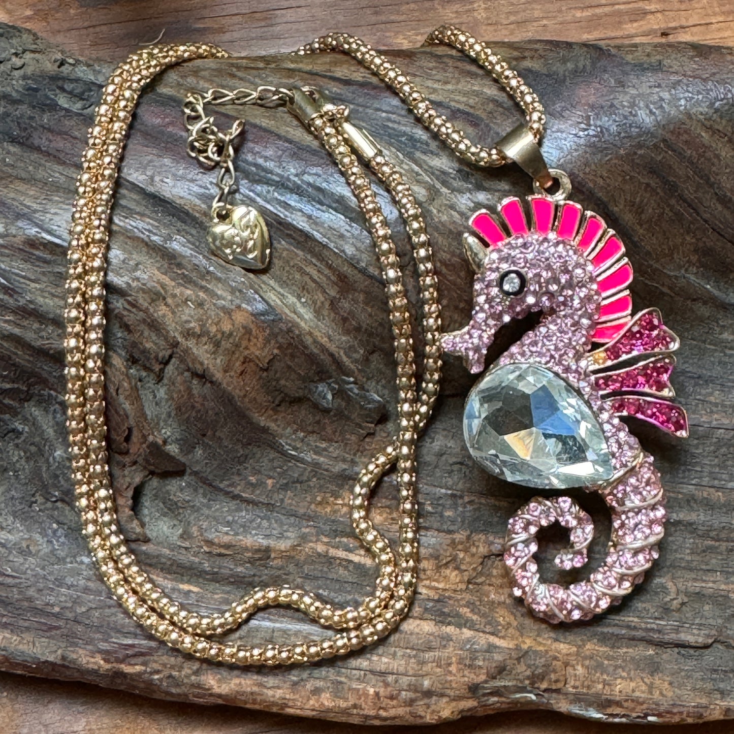 Betsy Johnson Pink Enamel Rhinestone Seahorse Pendant Necklace