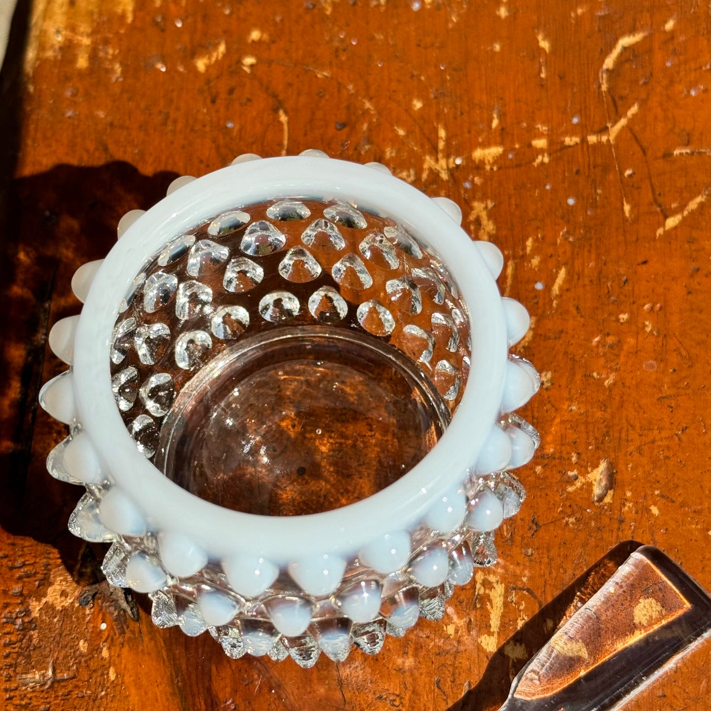 Fenton Hobnail Opalescent Moonstone Covered Jam, Jelly Jar or Mustard Jar