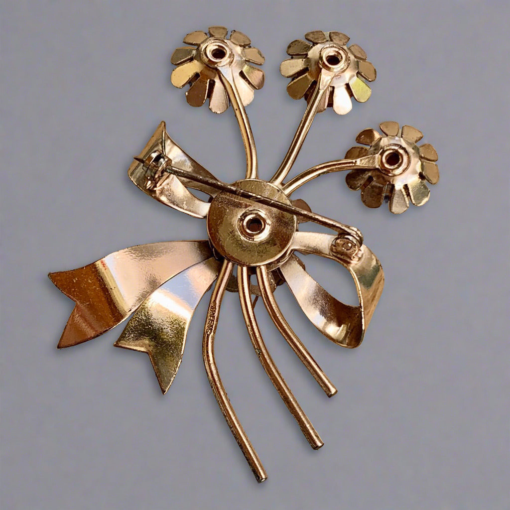 Vintage Gilt Sterling Silver Rhinestone Stylized Floral Spray Pin