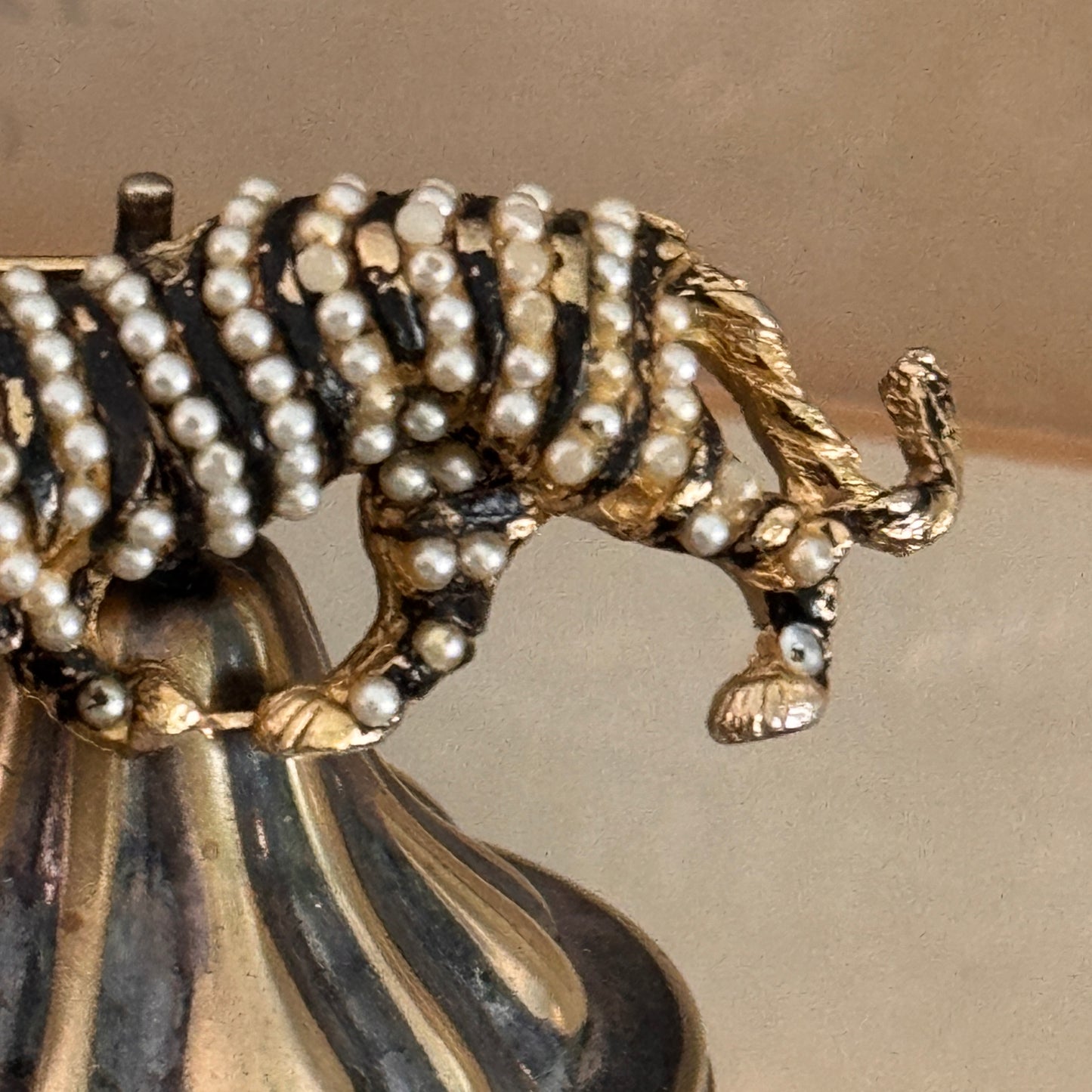 Vintage Faux Pearl and Black Enamel Tiger Pin