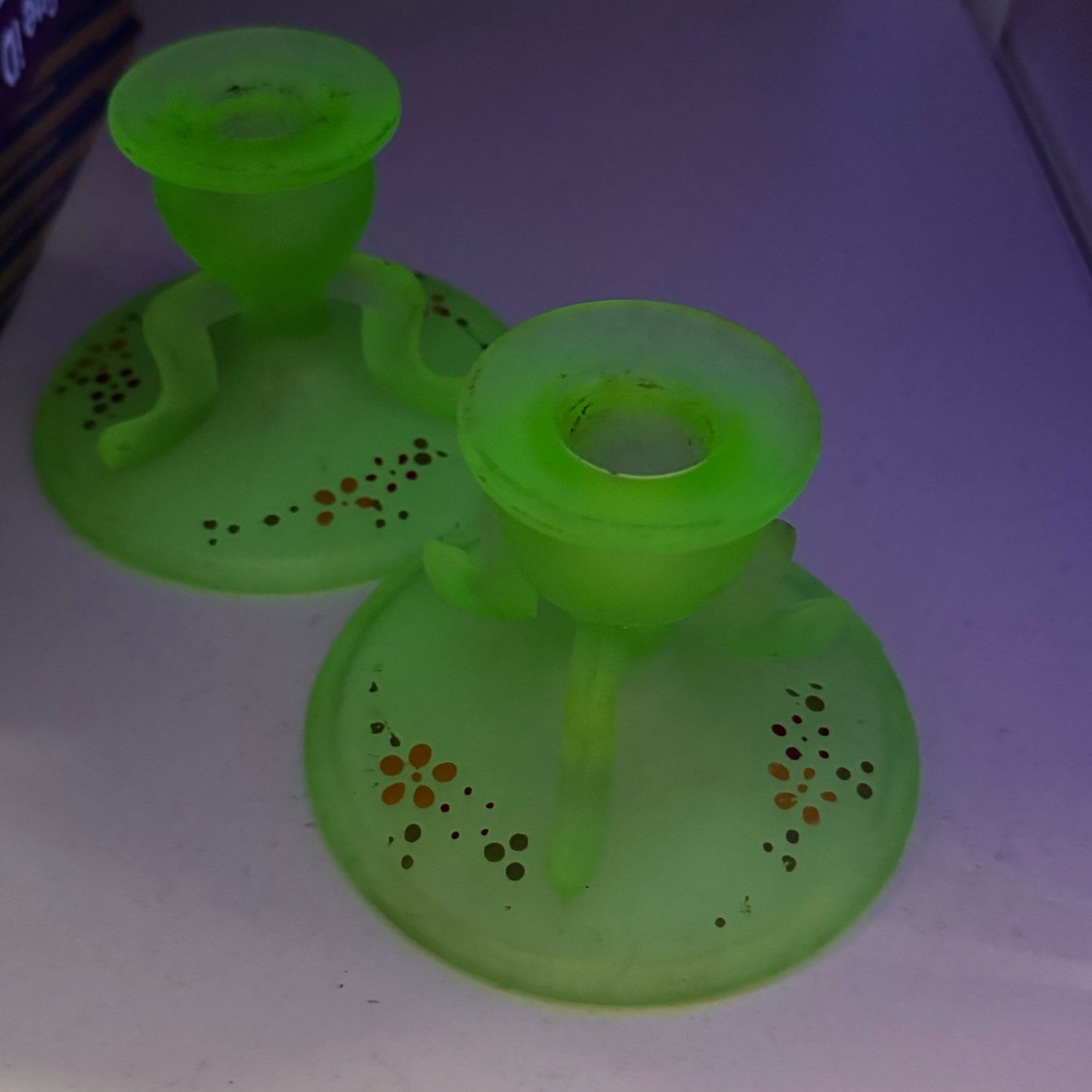 Vintage Pair Westmoreland Frosted Green Satin Uranium Glass Candle Holders and Colonial Candle Tapered Candles