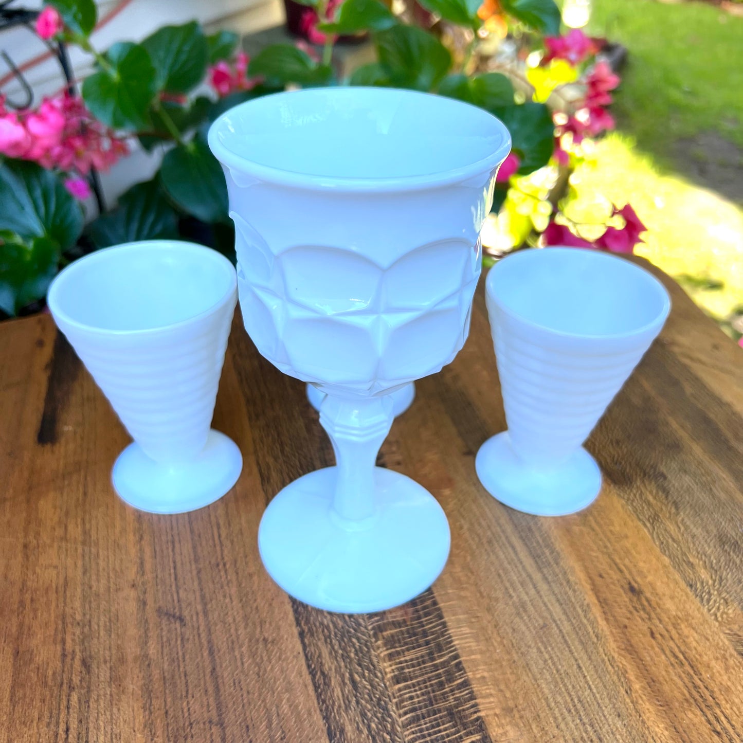 Indiana Constellation Milk Glass Goblet & Three Moderntone Platonic Glasses
