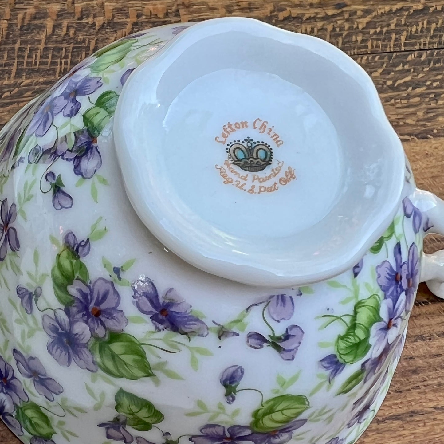 4 Vintage Lefton Hand Painted Bone China Violet Chintz Cup & Snack Plate Sets