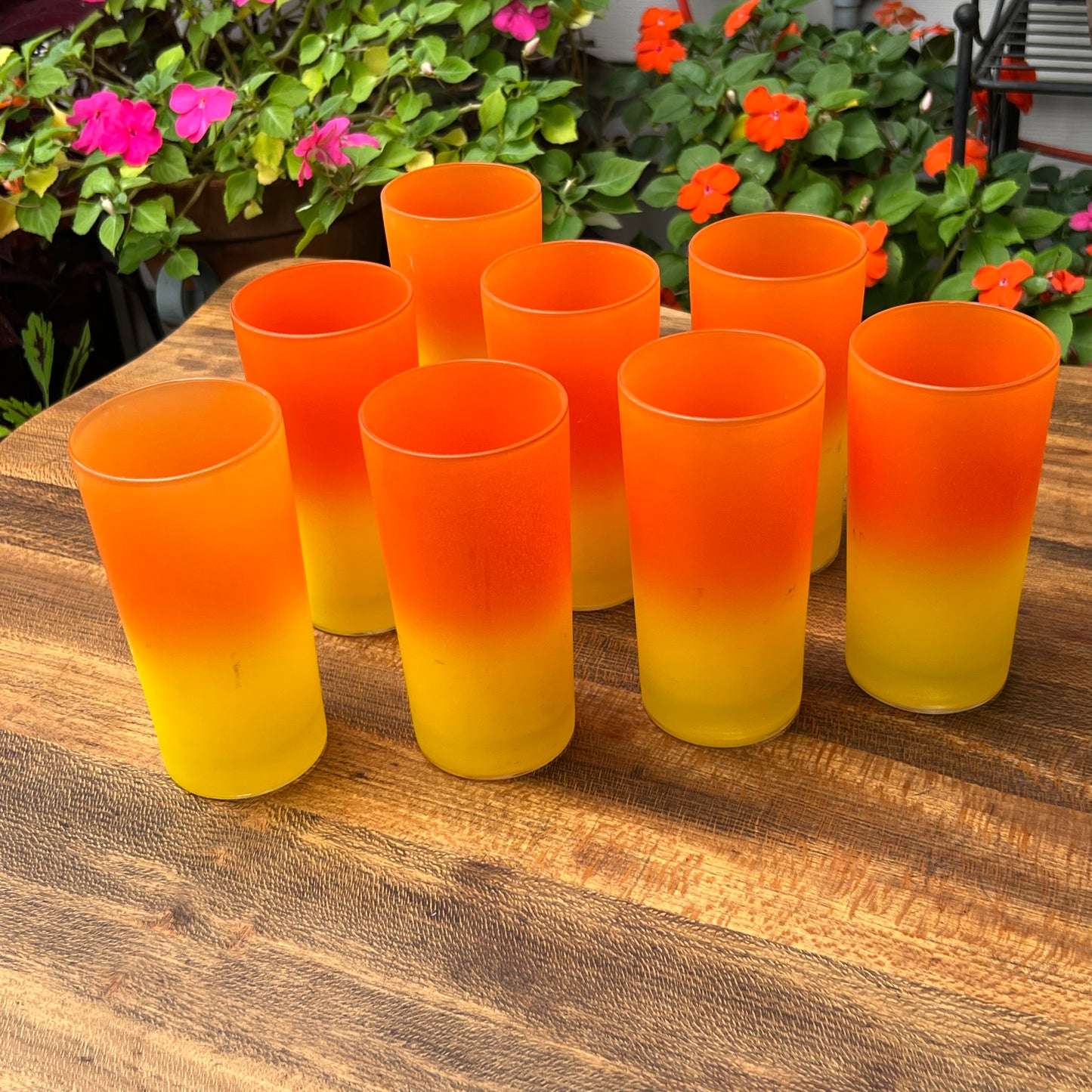 Eight Mid Century Modern Yellow & Orange Candy Corn Beverage Glasses