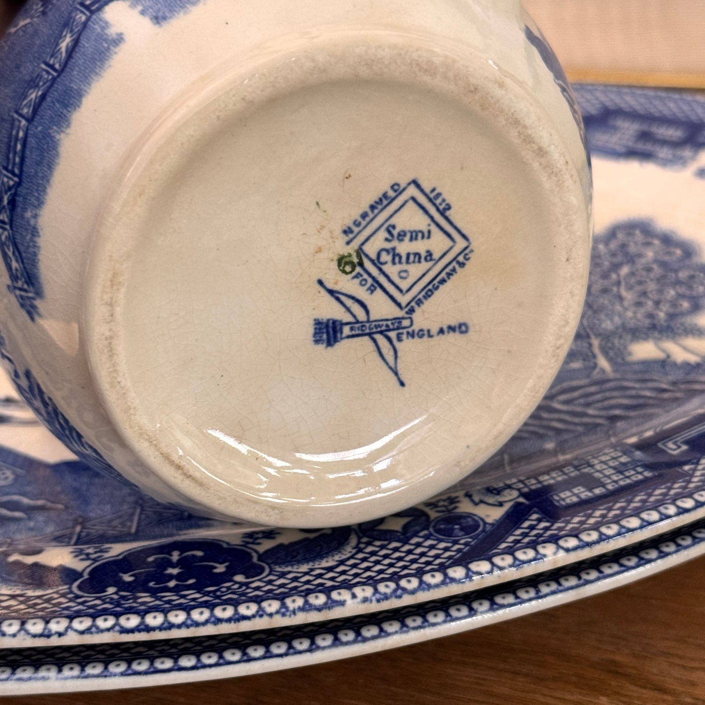 Two Canton Blue Willow Japanese Oval Serving Plates & Ridgways English Creamer
