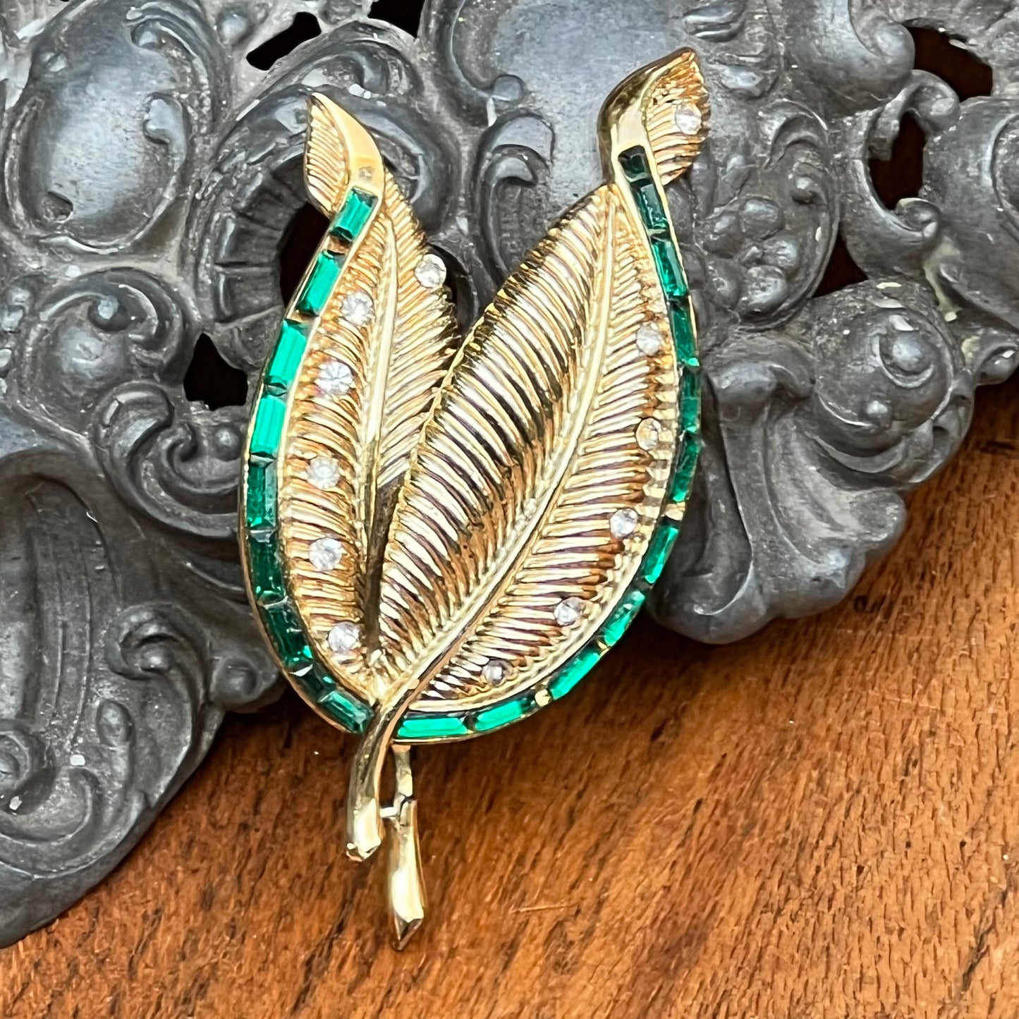 Vintage Coro Pegasus Green & Clear Rhinestone Pin
