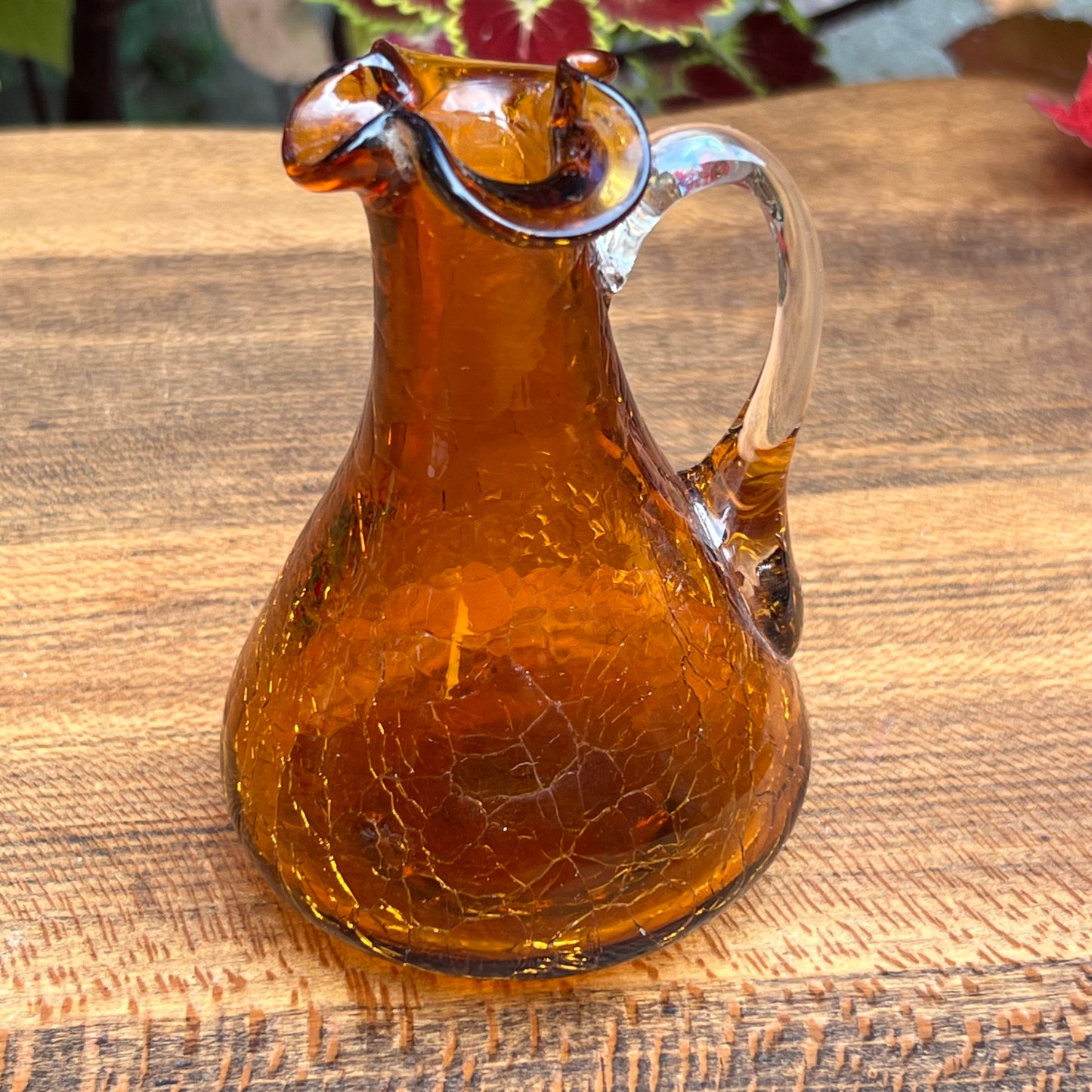 Vintage Pilgrim Amber Crackle Glass Pitcher Vase