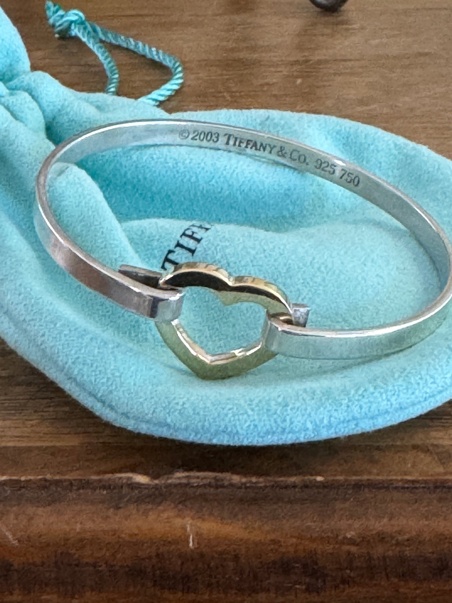 Vintage 2003 Tiffany & Co. 925 and 18K (759) yellow gold Heart Bangle Bracelet