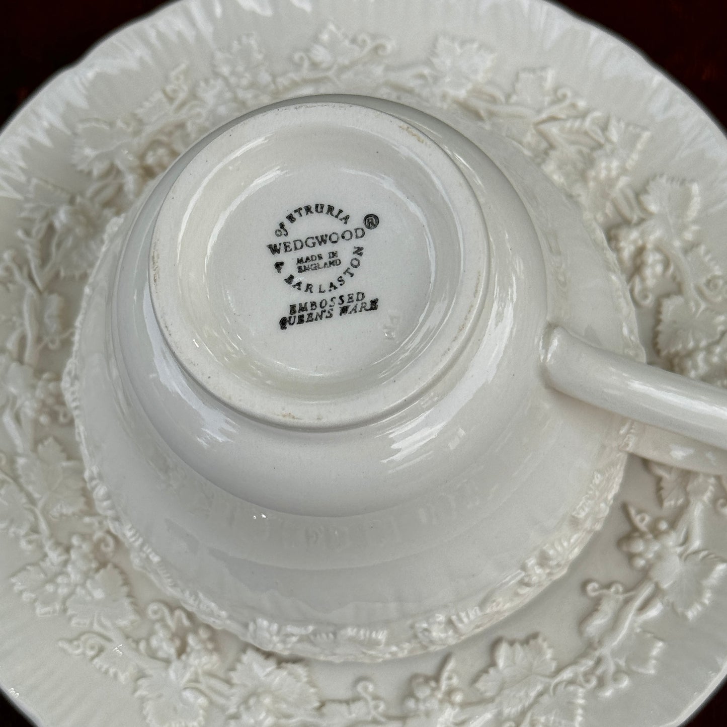 Wedgwood Etruria Barlaston Embossed Queensware Cup & Saucer