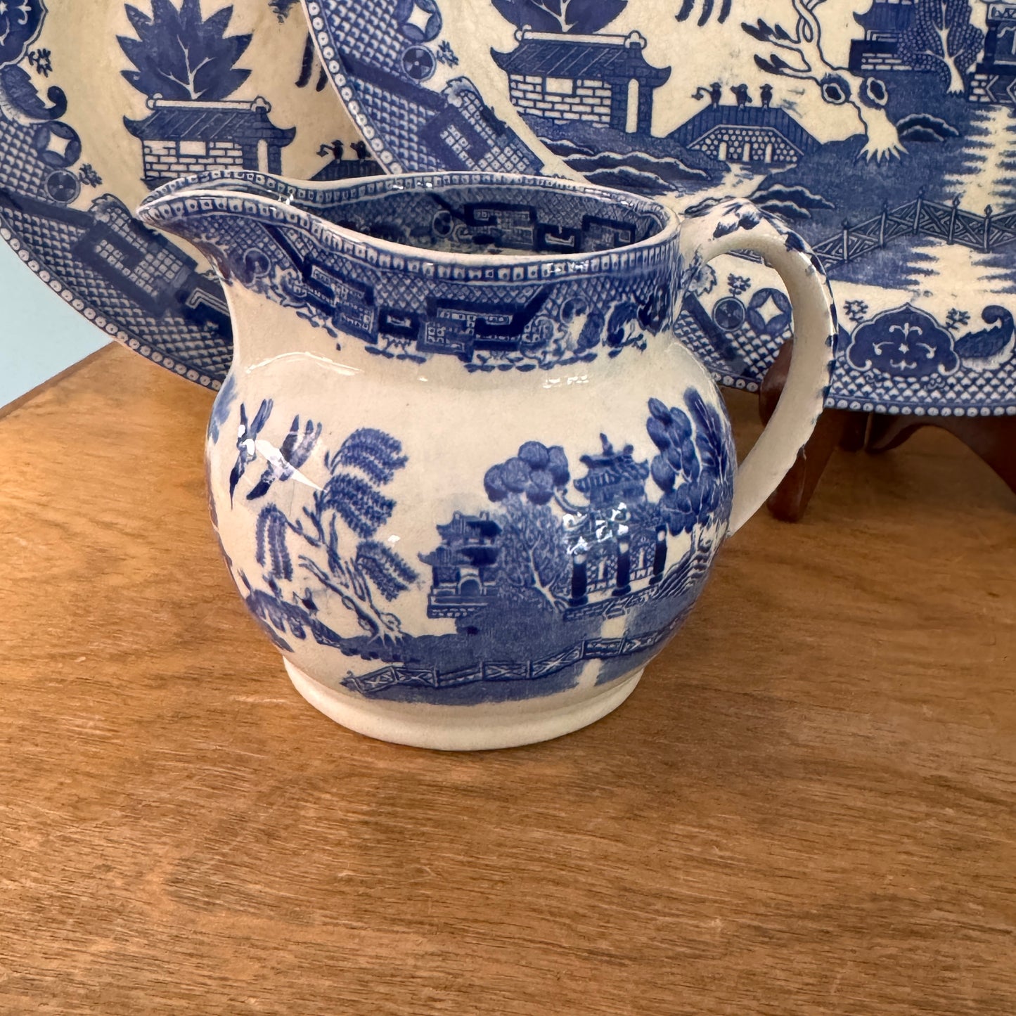 Two Canton Blue Willow Japanese Oval Serving Plates & Ridgways English Creamer