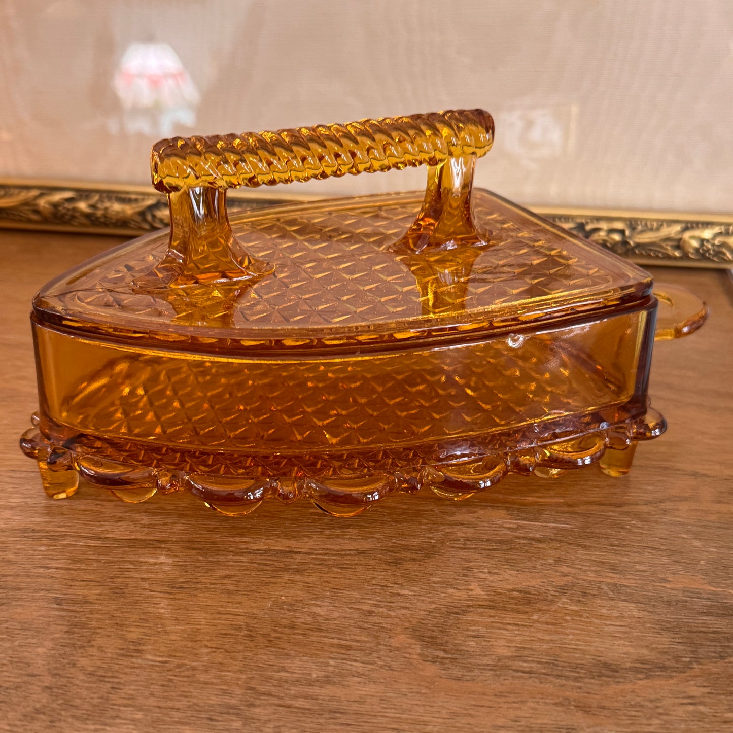 Vintage L.G. Wright Amber Hued Lidded Flat Iron Depression Glass Candy Dish