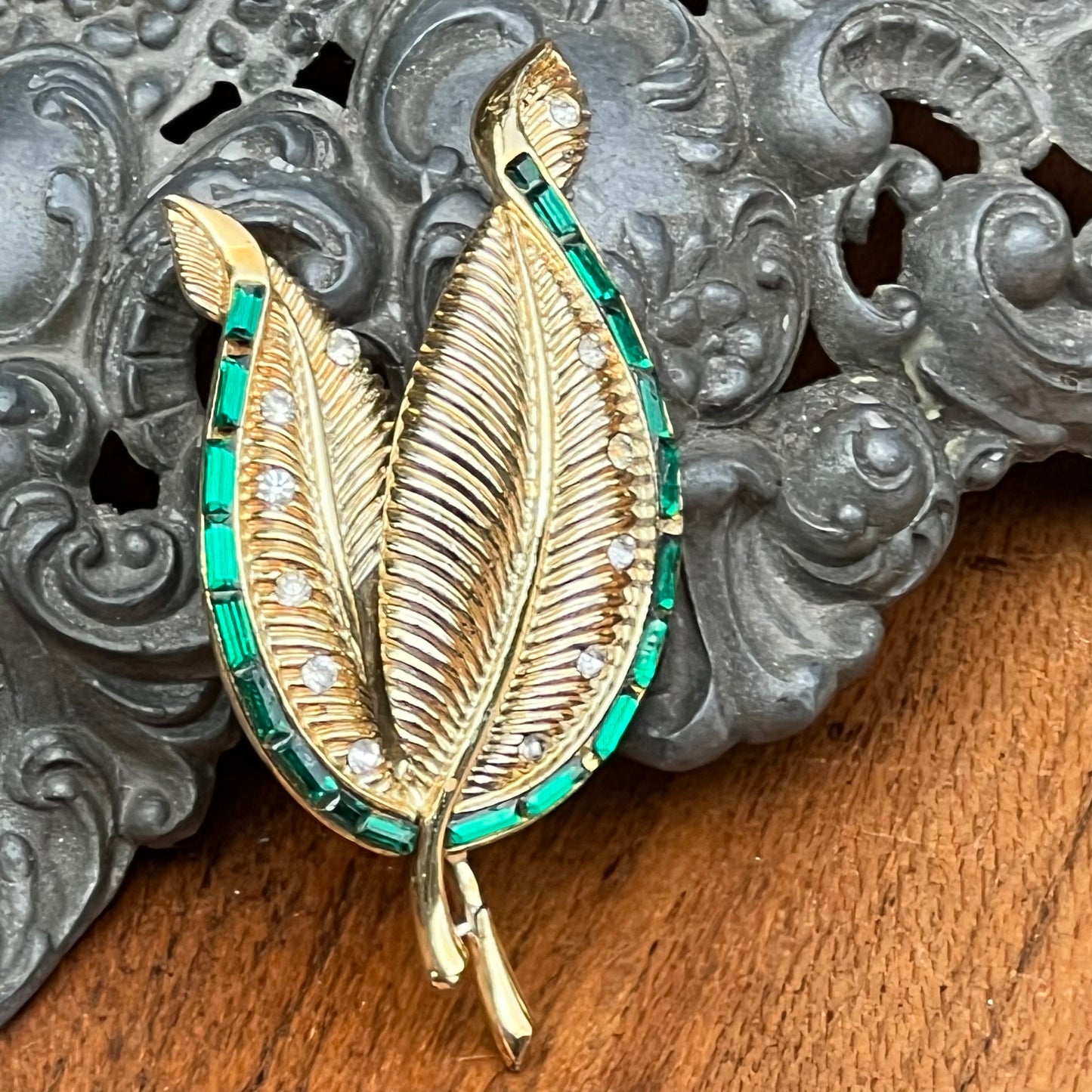 Vintage Coro Pegasus Green & Clear Rhinestone Pin