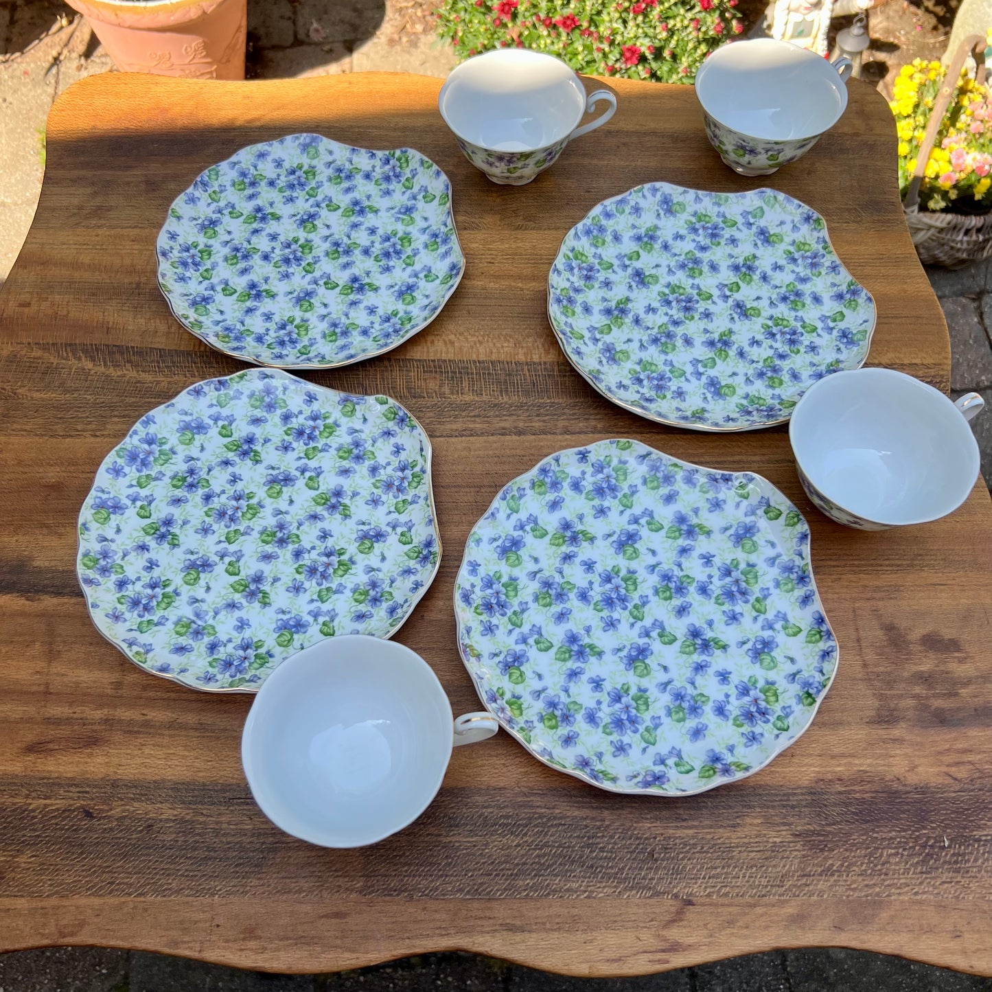 4 Vintage Lefton Hand Painted Bone China Violet Chintz Cup & Snack Plate Sets