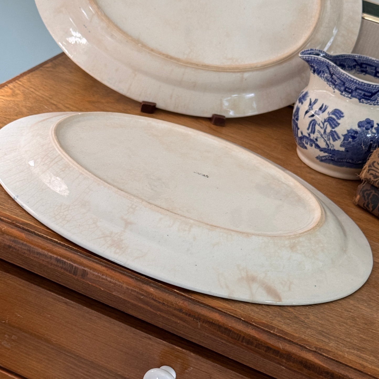 Two Canton Blue Willow Japanese Oval Serving Plates & Ridgways English Creamer