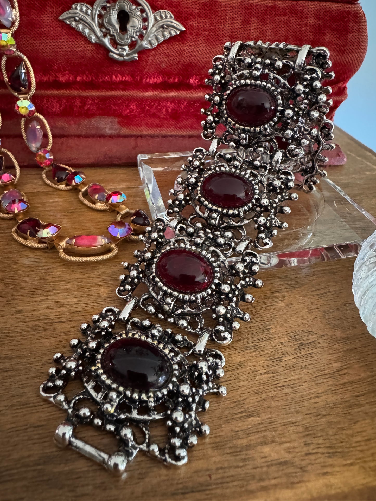 Vintage Red Glass Cabochon Antique Silver Linked Bracelet