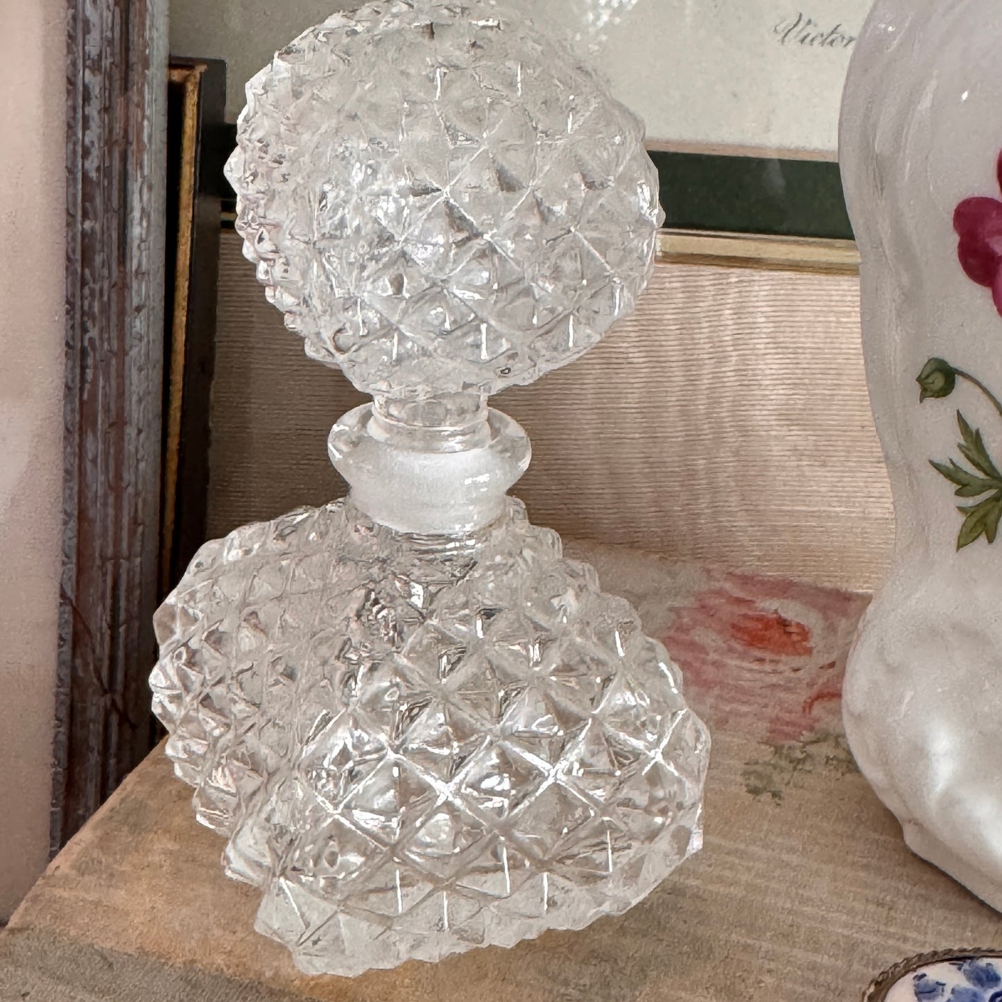 Vintage Diamond Pattern Glass Perfume Bottle and Stopper