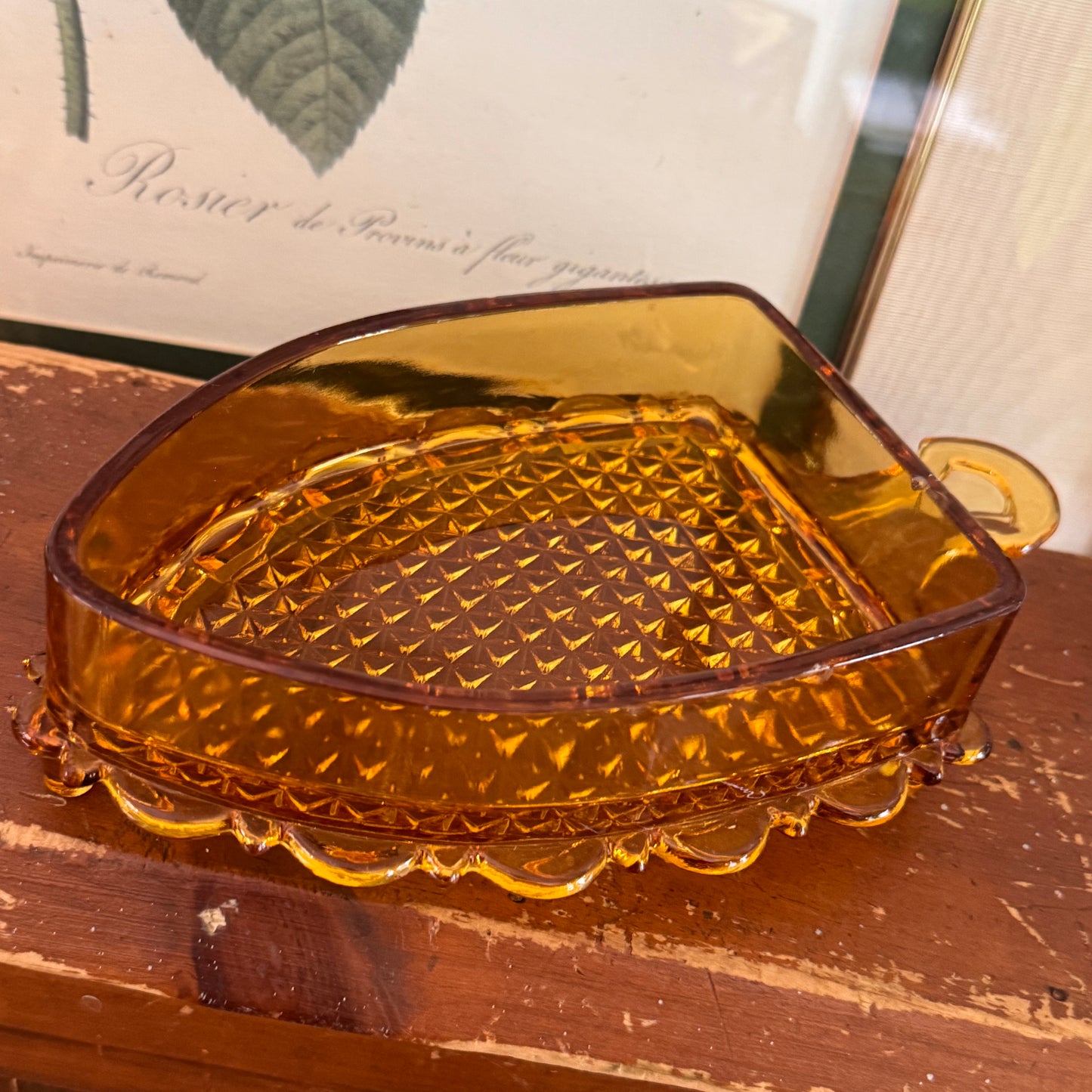 Vintage L.G. Wright Amber Hued Lidded Flat Iron Depression Glass Candy Dish