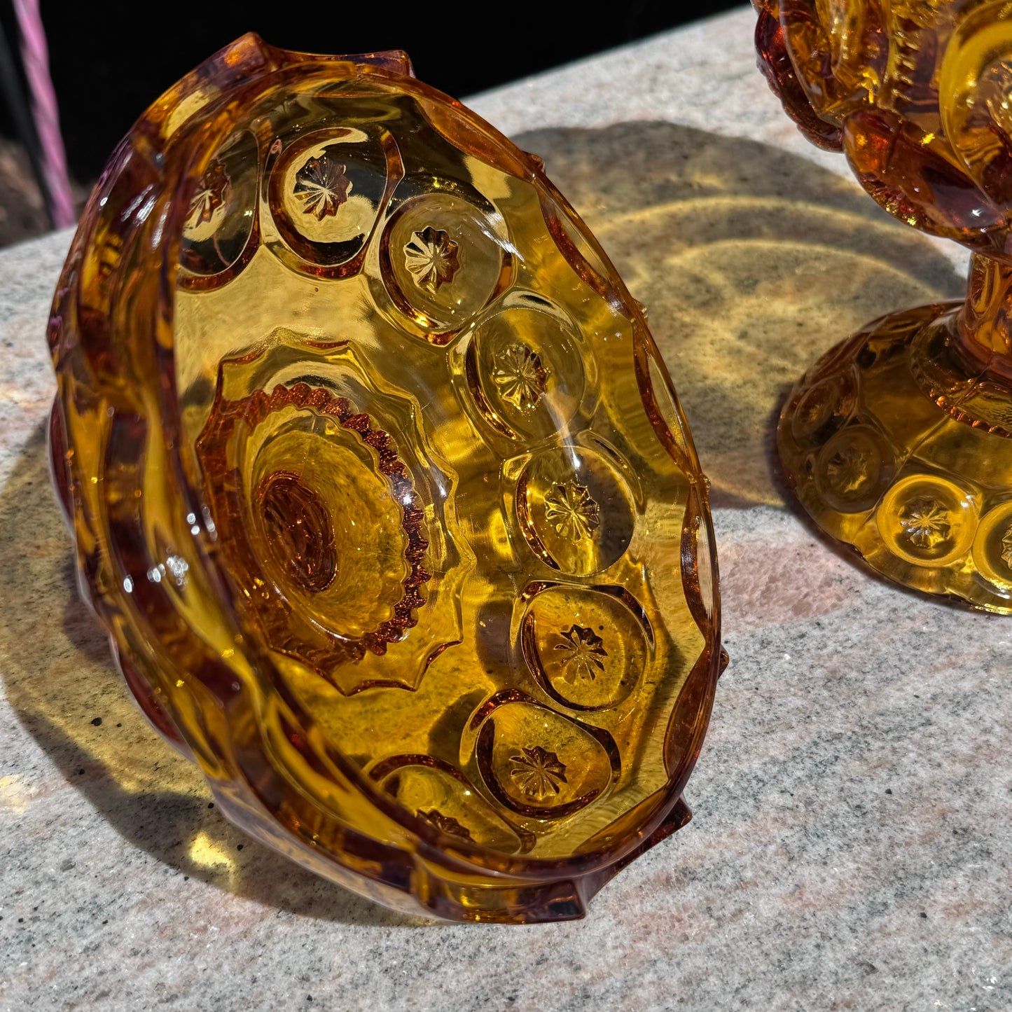Vintage L. E. Smith Soft Topaz Moon and Stars Pedestal Covered Candy Dish