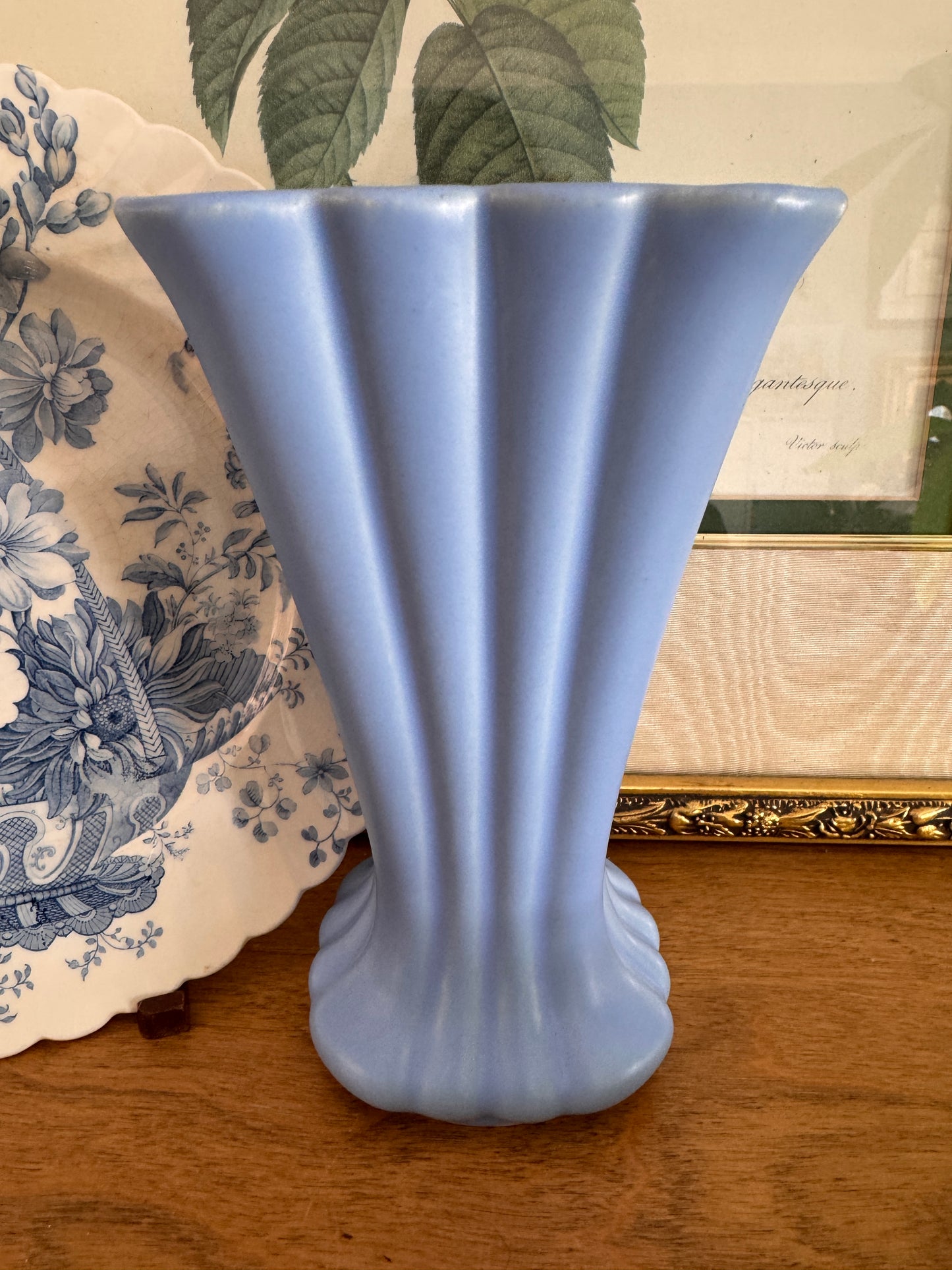 Vintage Blue Pottery Ribbed Vase