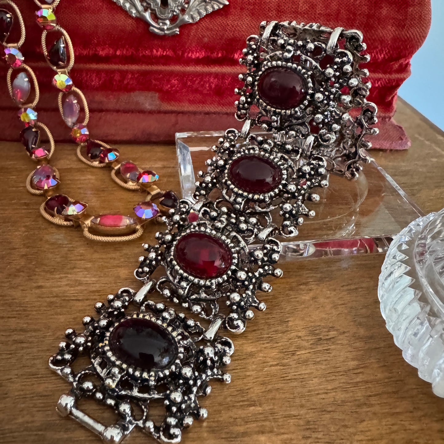 Vintage Red Glass Cabochon Antique Silver Linked Bracelet