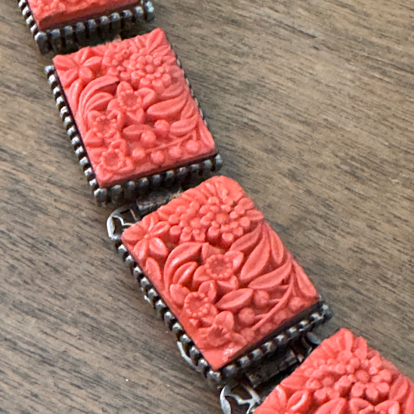 Vintage Hefty Coral Hued Floral Chunky Celluloid Linked Book Chain Bracelet