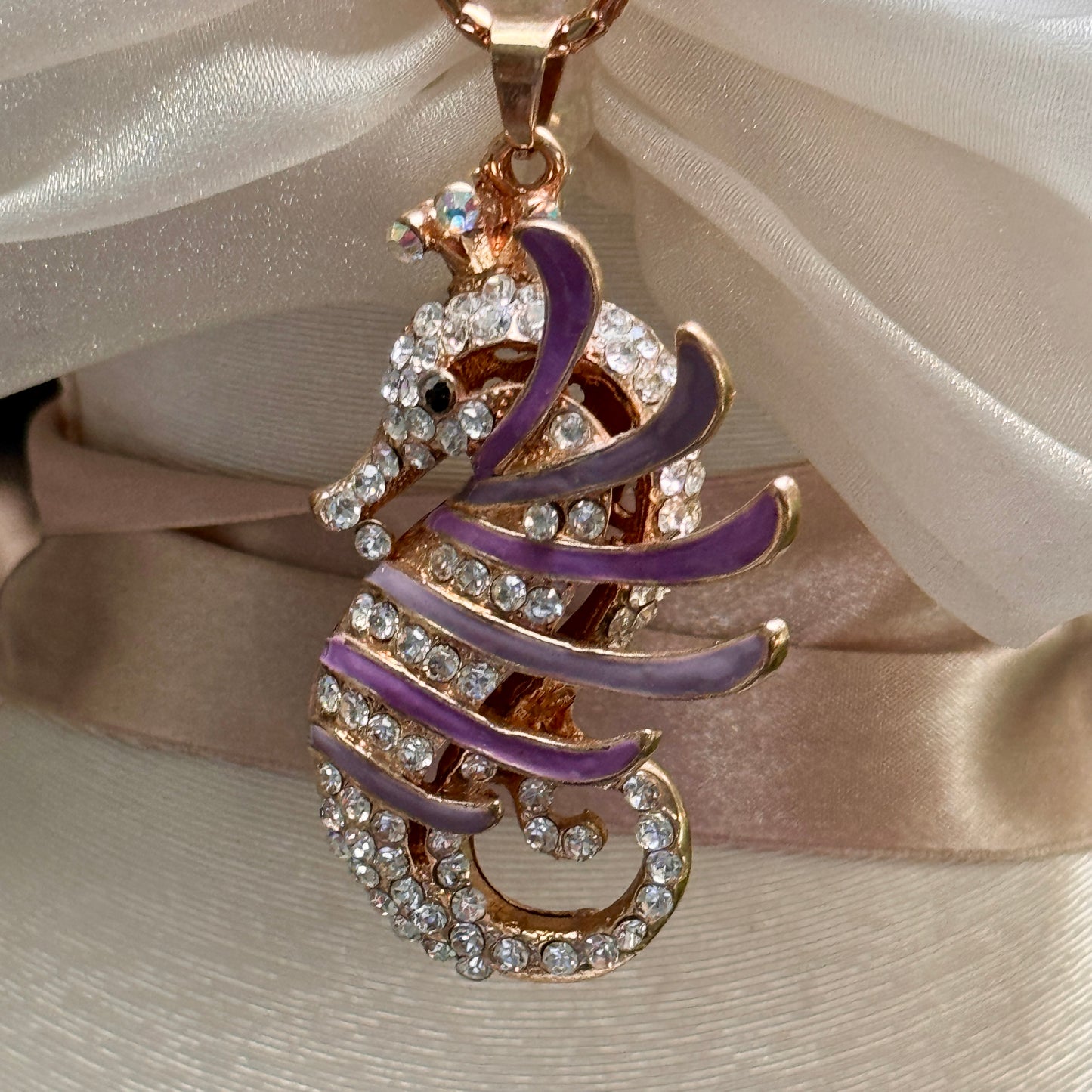 Betsy Johnson Lavender Enamel & Rhinestone Seahorse Pendant Necklace