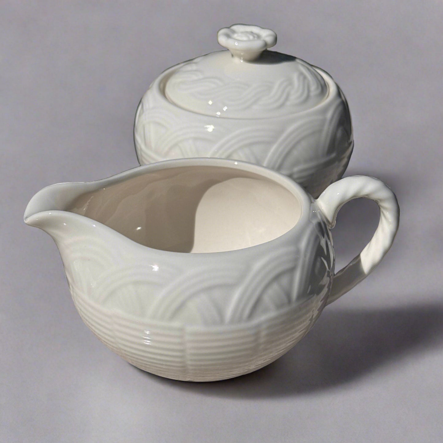 Mikasa Japanese Flower Basket White Vegetable Bowl,Serving Platter, Cream & Covered Sugar Bowl