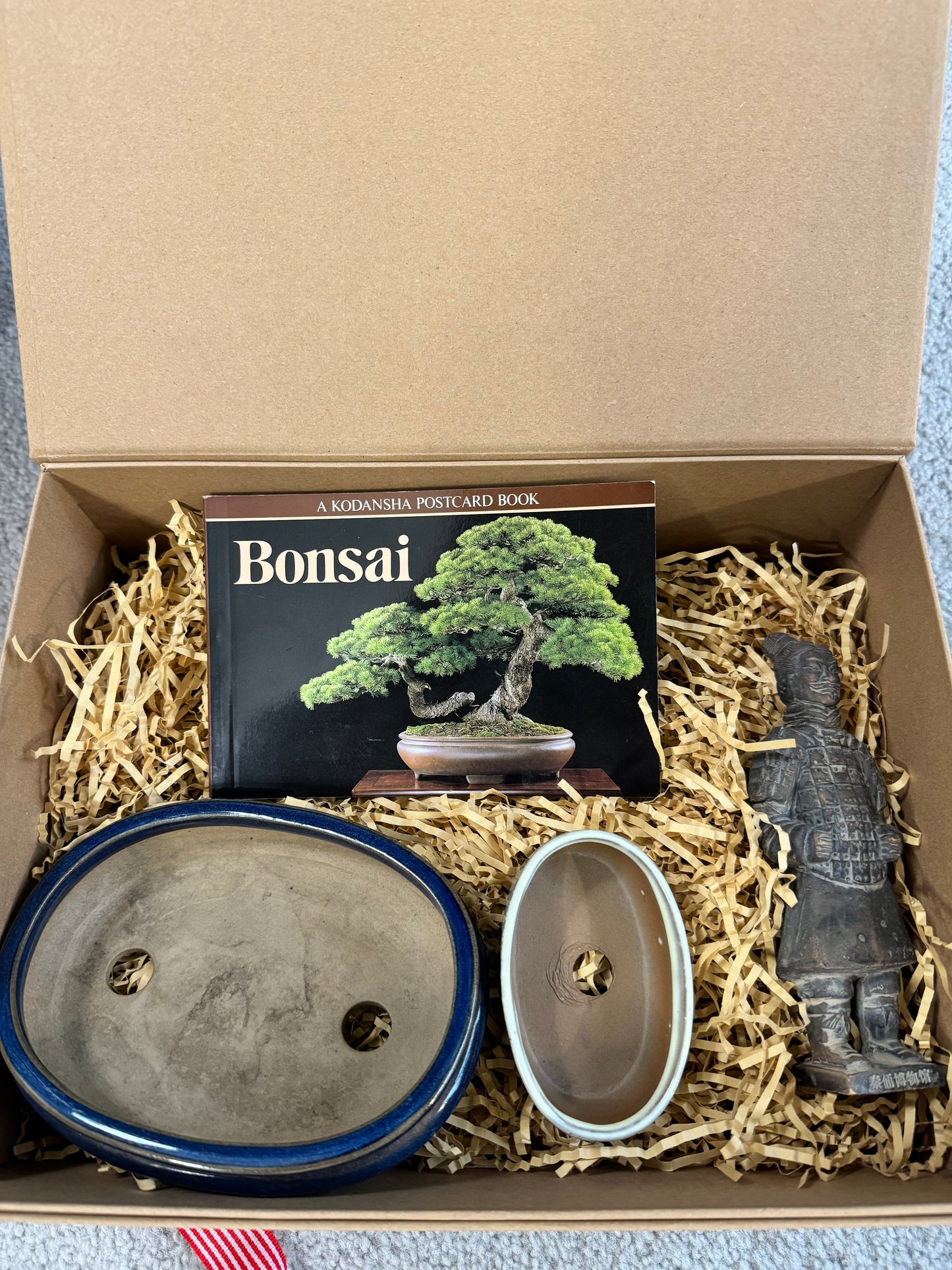 Japanese Oval Blue & White Bonsai Planter, Bonsai Postcard Book & Chinese Terracotta Clay Warrior