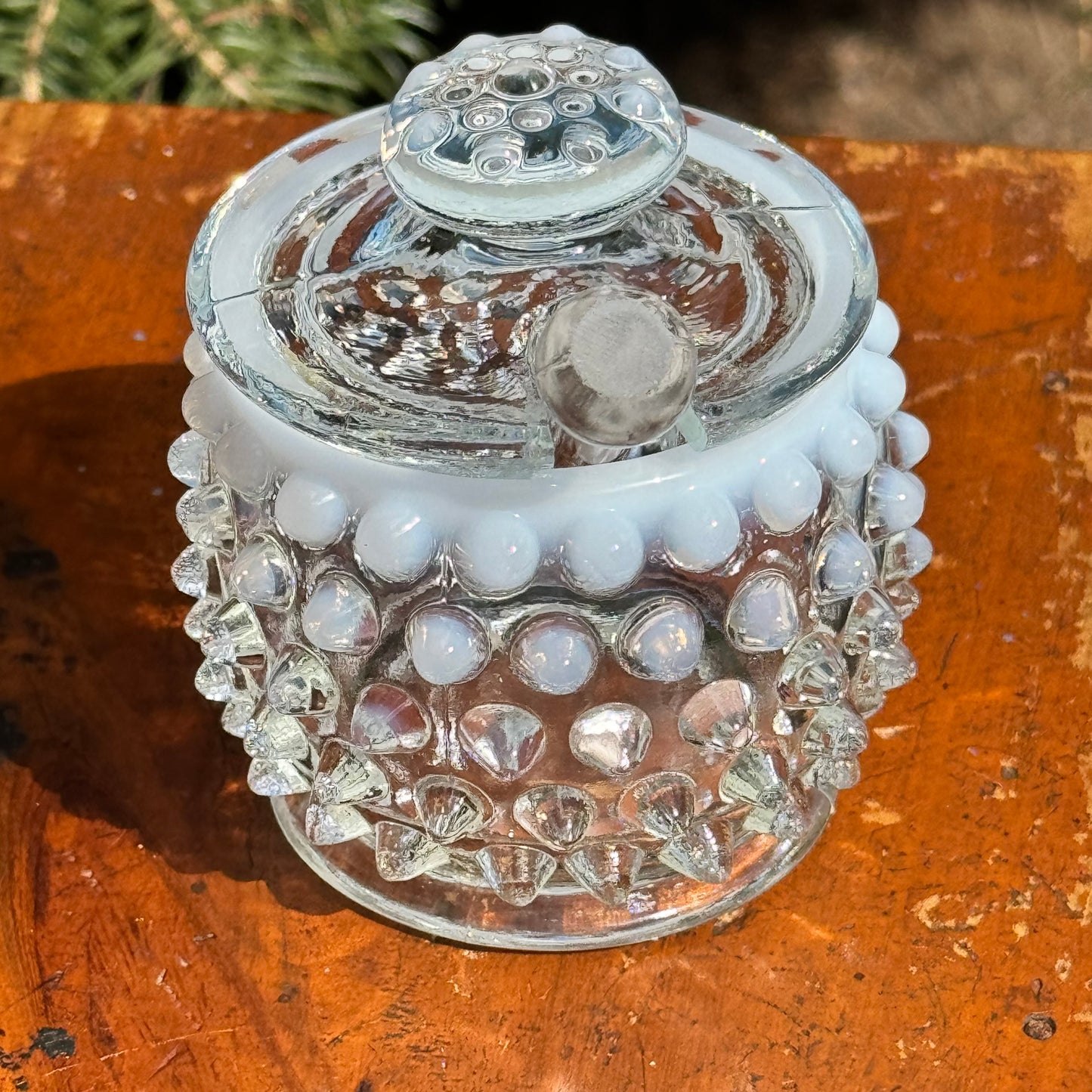 Fenton Hobnail Opalescent Moonstone Covered Jam, Jelly Jar or Mustard Jar