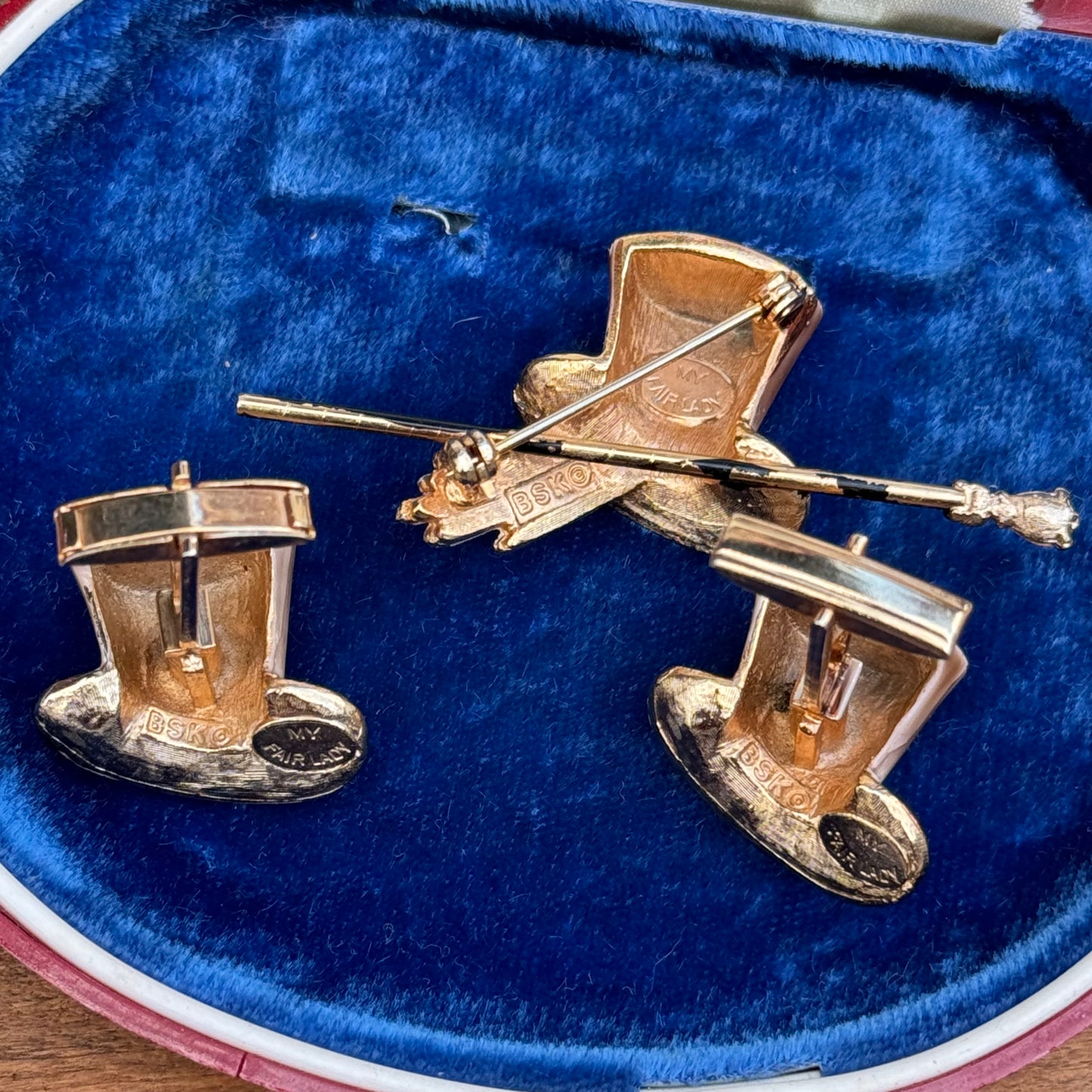 Vintage BSK My Fair Lady Rhinestone Top Hat Pin & Cuff Links Rhinestone Set
