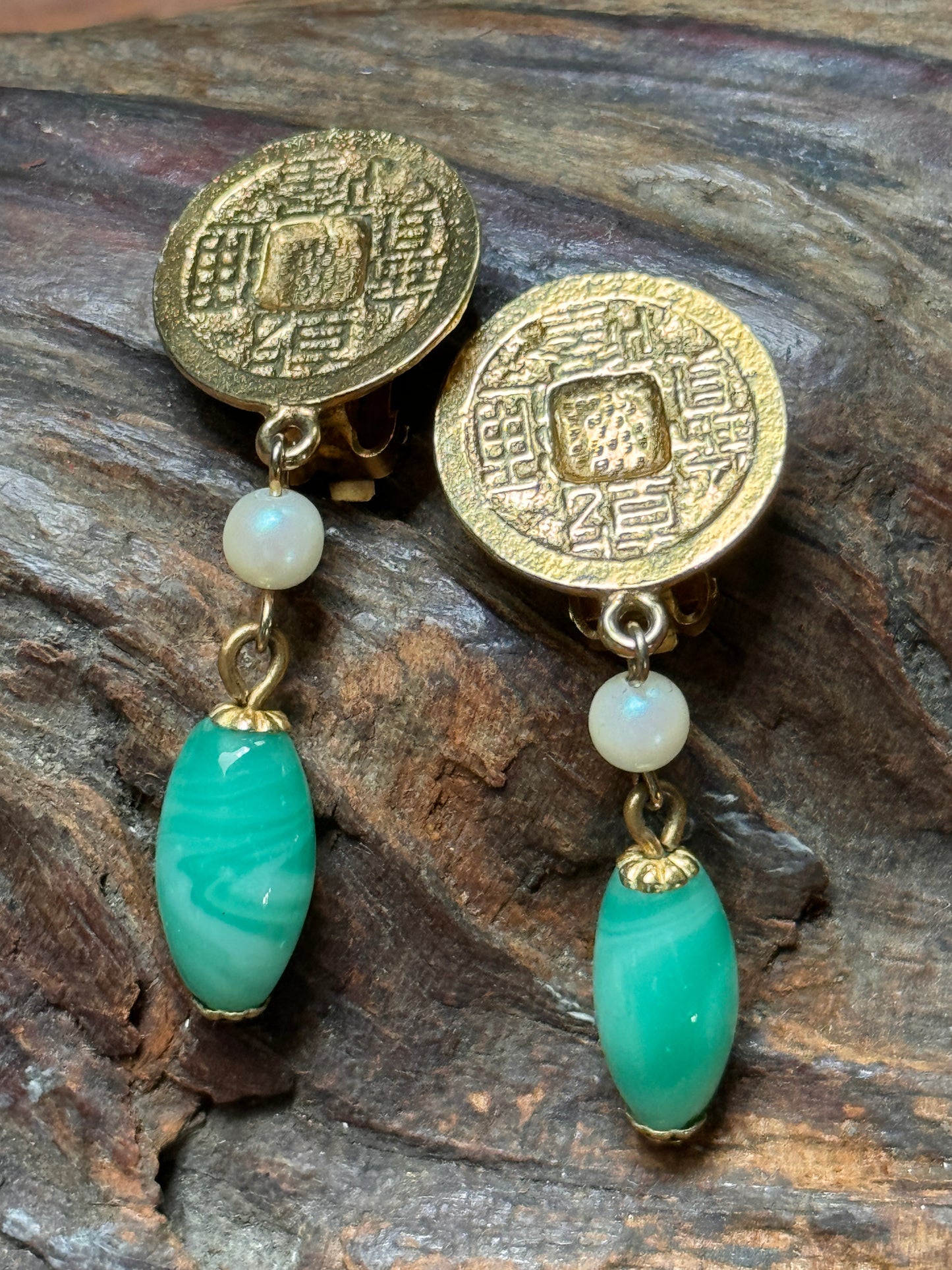 Vintage Kenneth Lane Asian Faux Jade Dangling Earrings