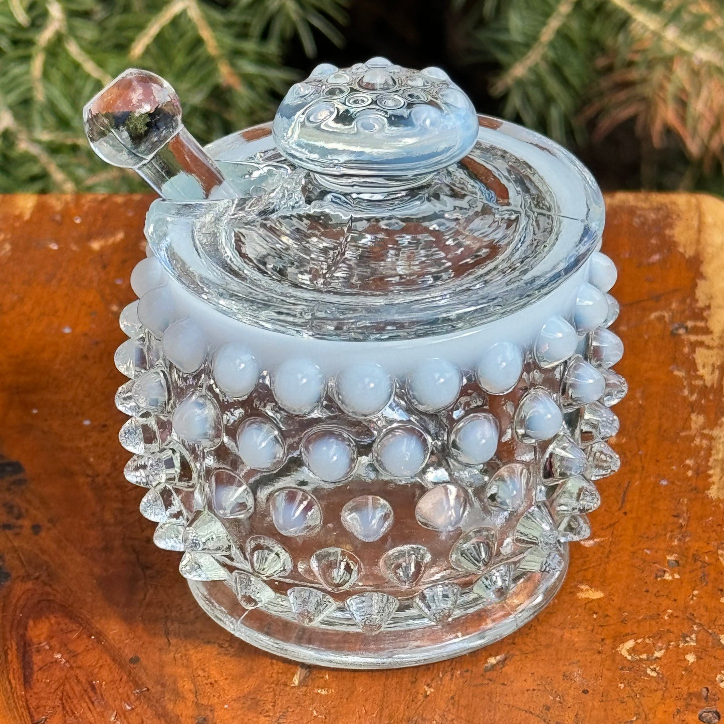 Fenton Hobnail Opalescent Moonstone Covered Jam, Jelly Jar or Mustard Jar