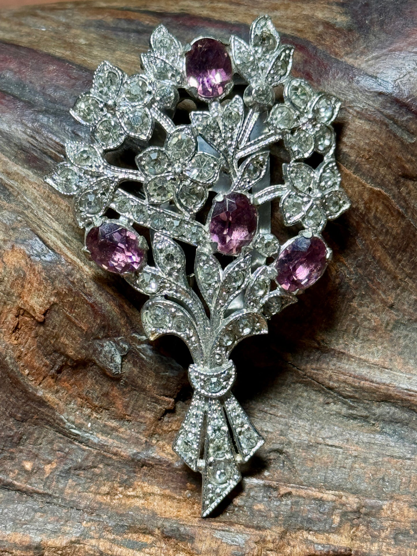 Vintage Floral Bouquet Dress Clip Clear and Soft Purple Rhinestones