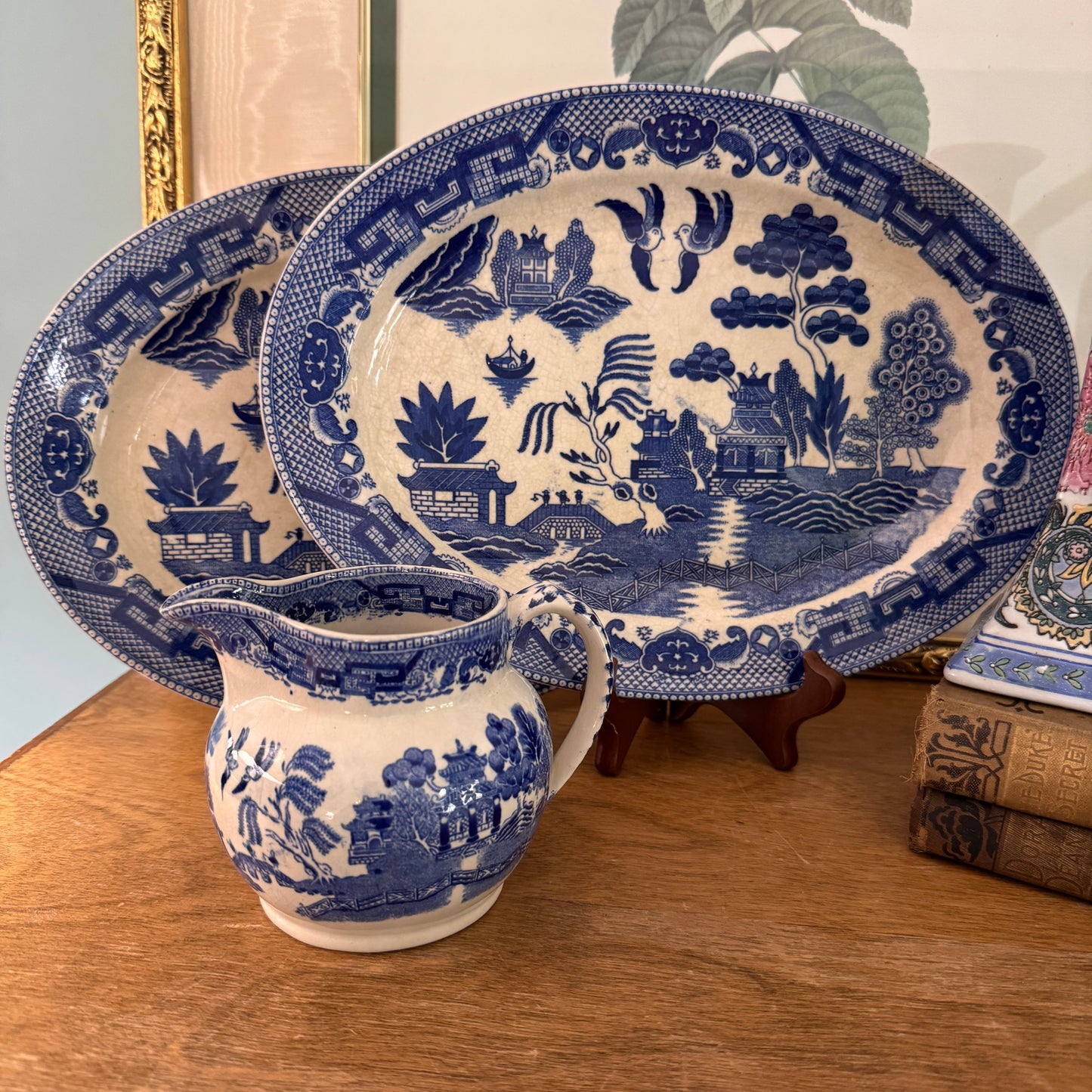 Two Canton Blue Willow Japanese Oval Serving Plates & Ridgways English Creamer