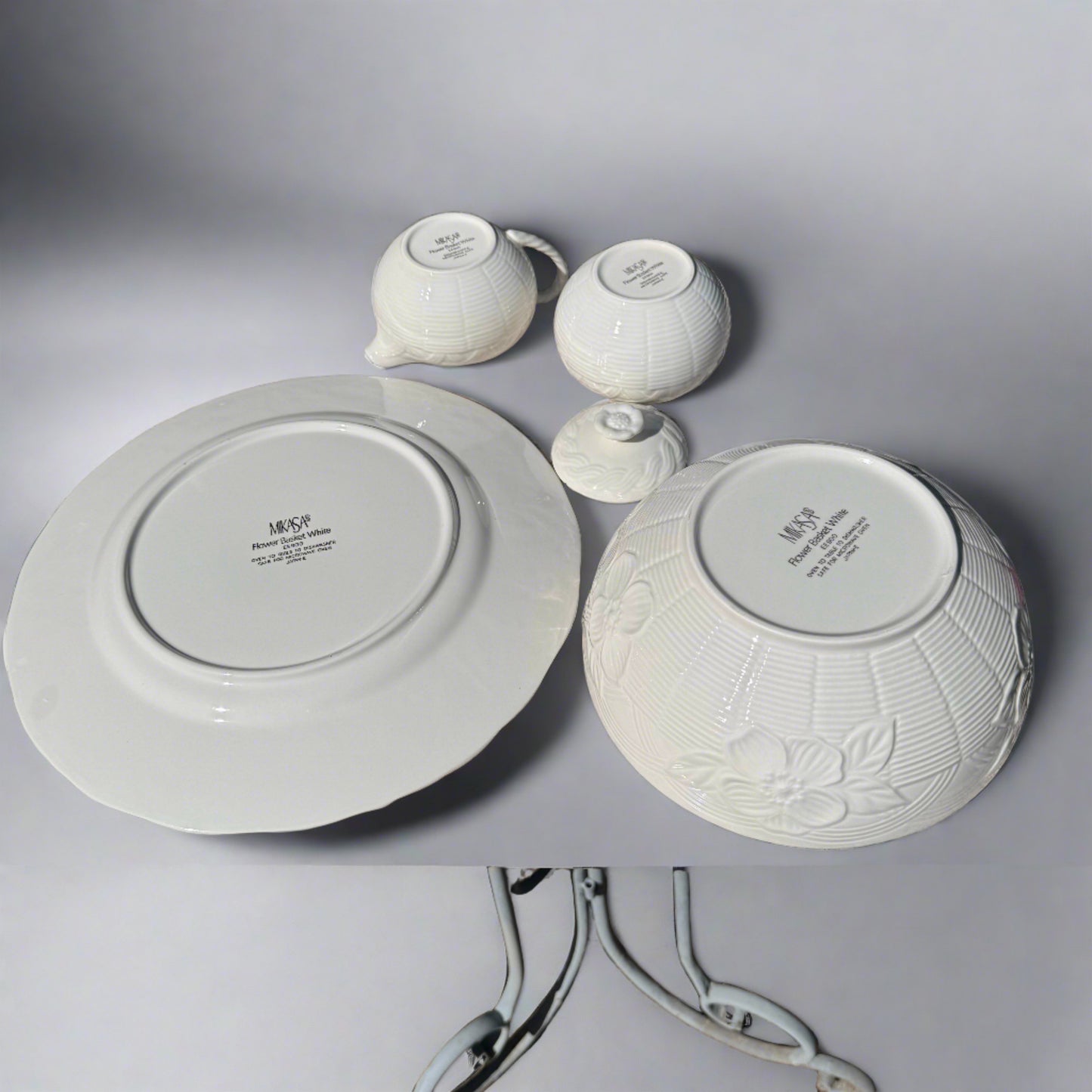 Mikasa Japanese Flower Basket White Vegetable Bowl,Serving Platter, Cream & Covered Sugar Bowl