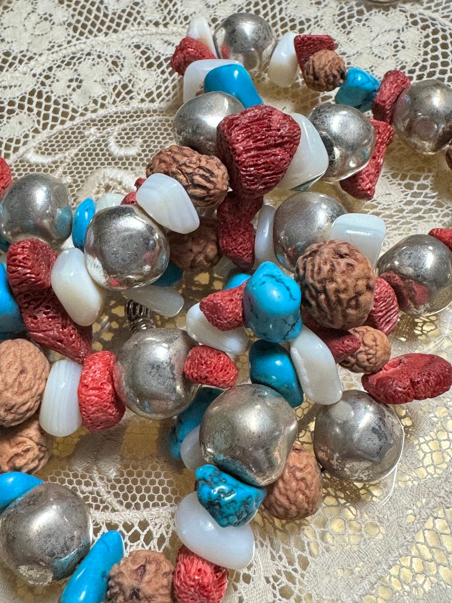 Vintage Turquoise, Red Branch Coral, Mother of Pearl, Silver & Nut Bead Necklace
