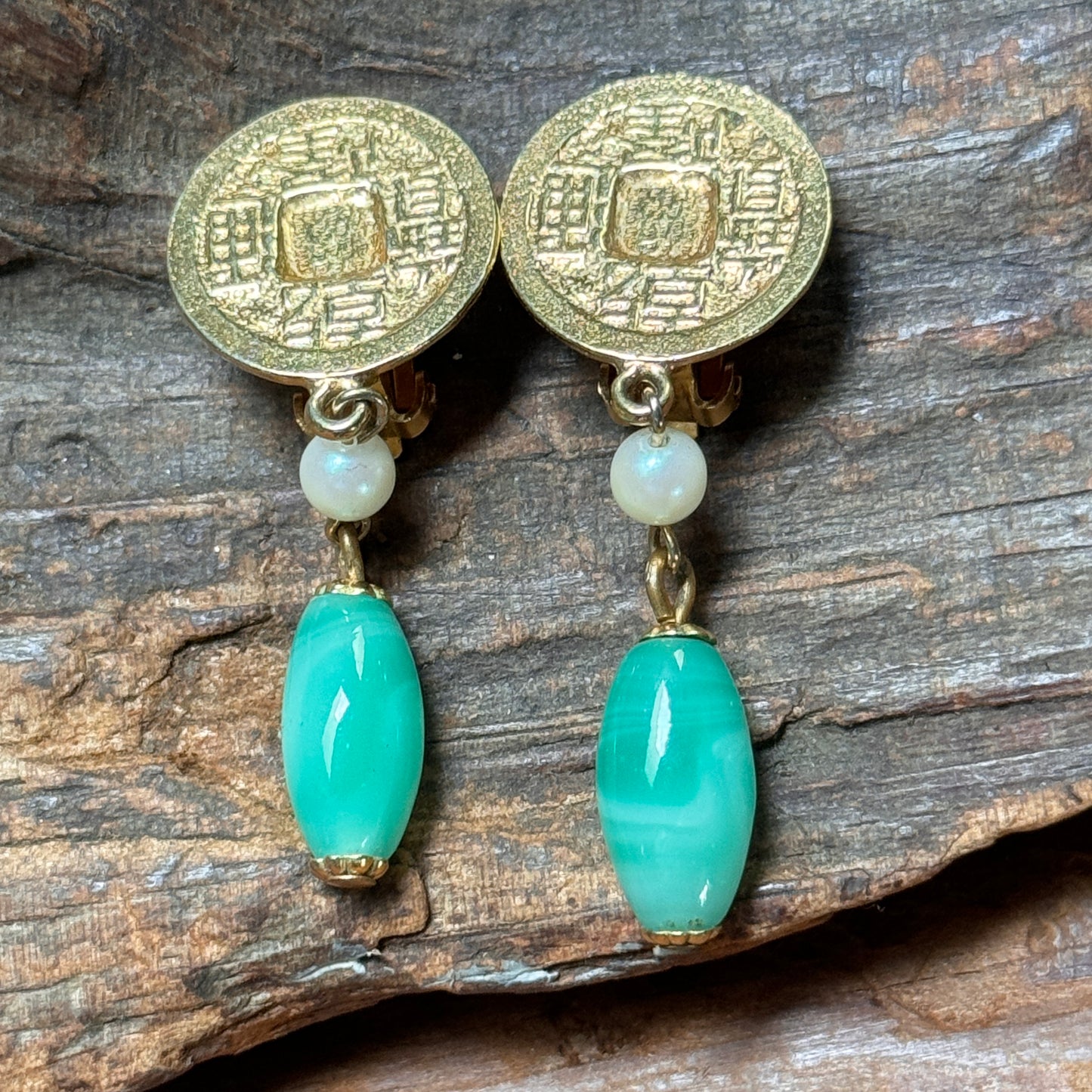 Vintage Kenneth Lane Asian Faux Jade Dangling Earrings