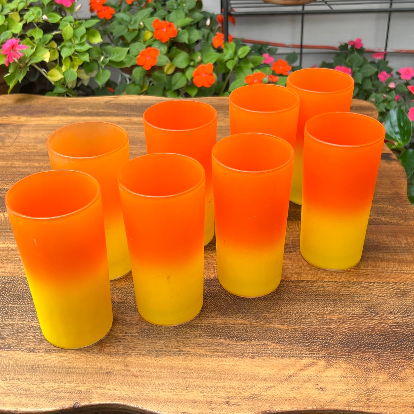 Eight Mid Century Modern Yellow & Orange Candy Corn Beverage Glasses