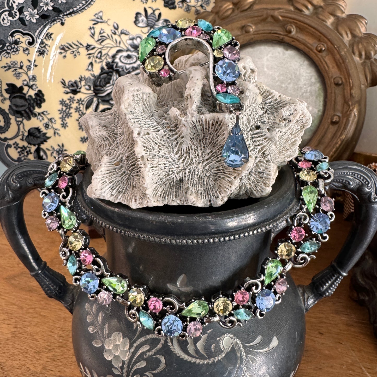 Vintage Lisner Pastel Rhinestone Necklace and Pin Set