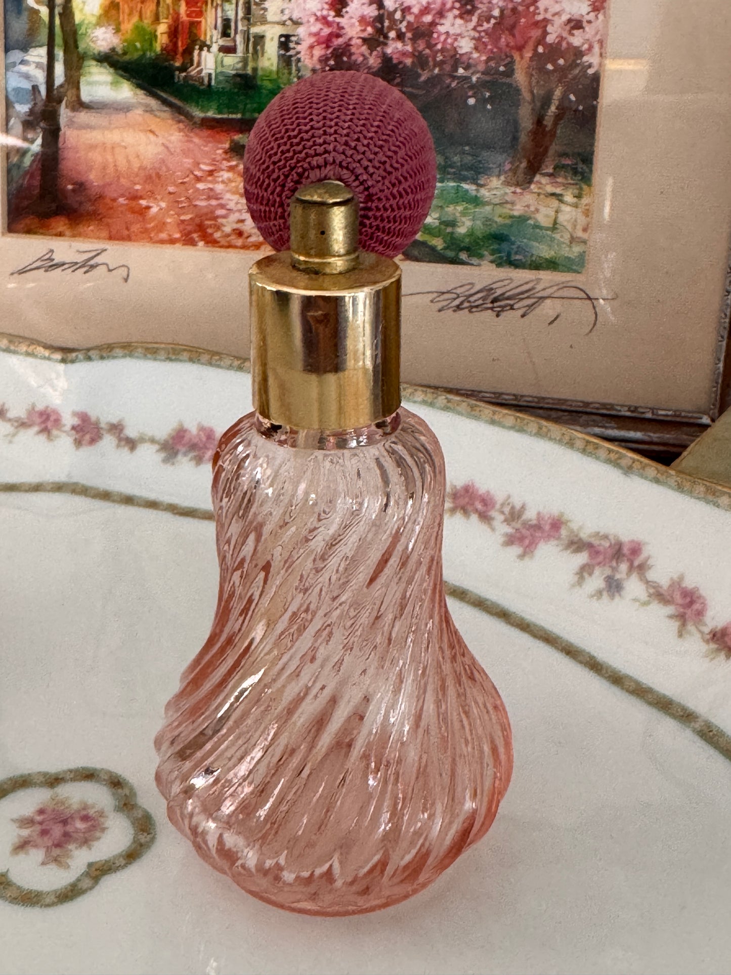 Vintage Pink Swirled Glass Perfume Atomizer Bottle