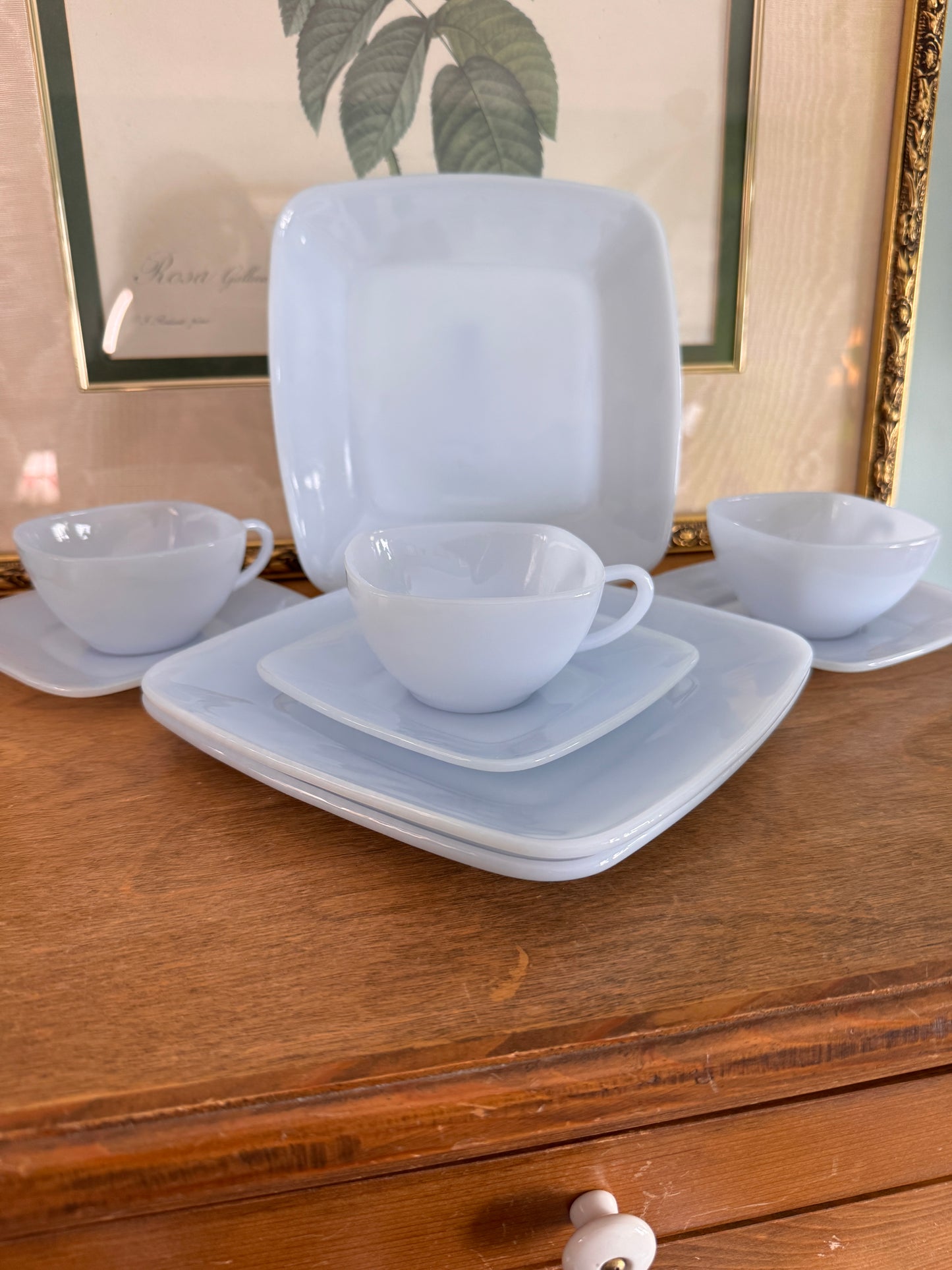 MCM Fire King Blue Azurite Three Tea Cups, Saucers and Salad Plates