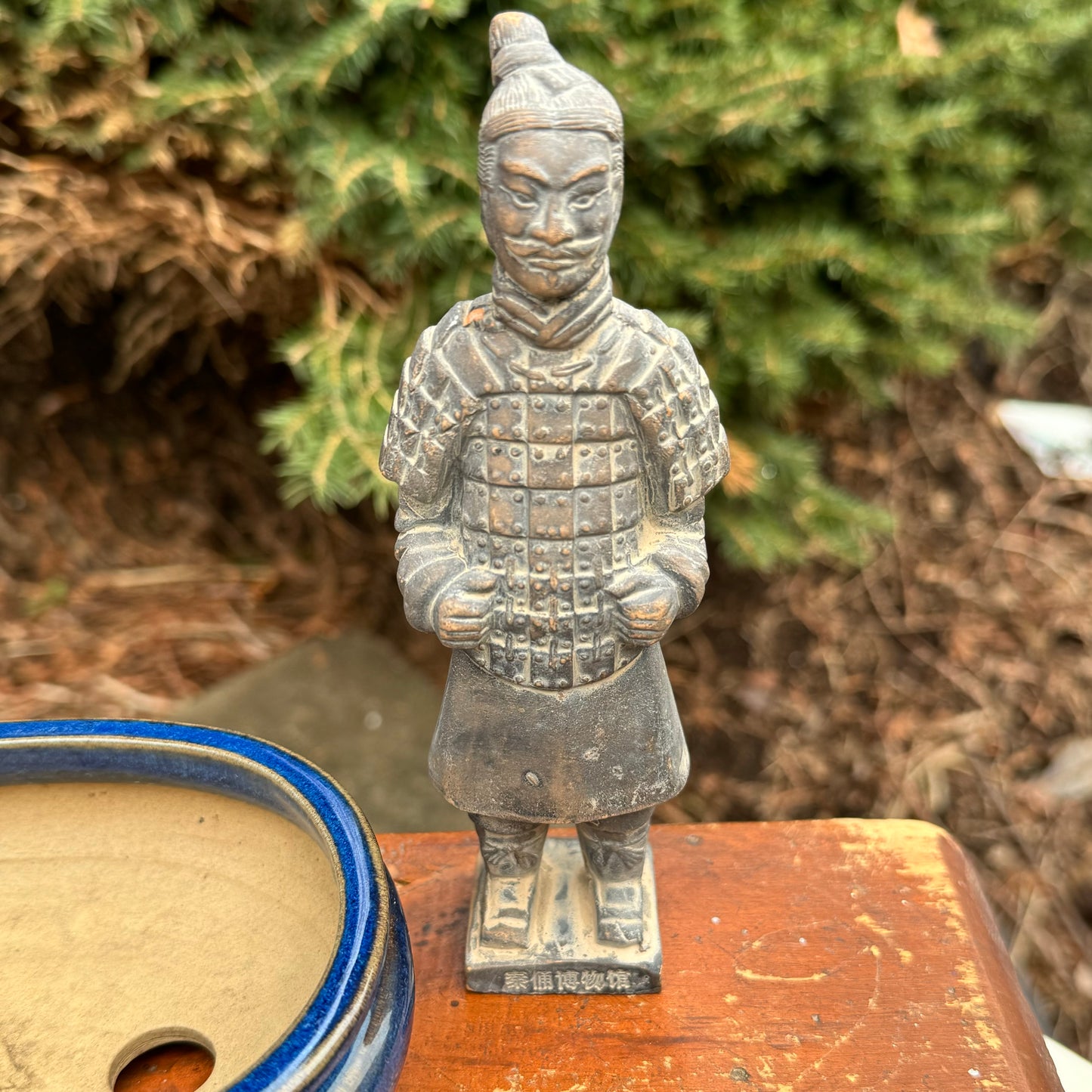 Japanese Oval Blue & White Bonsai Planter, Bonsai Postcard Book & Chinese Terracotta Clay Warrior
