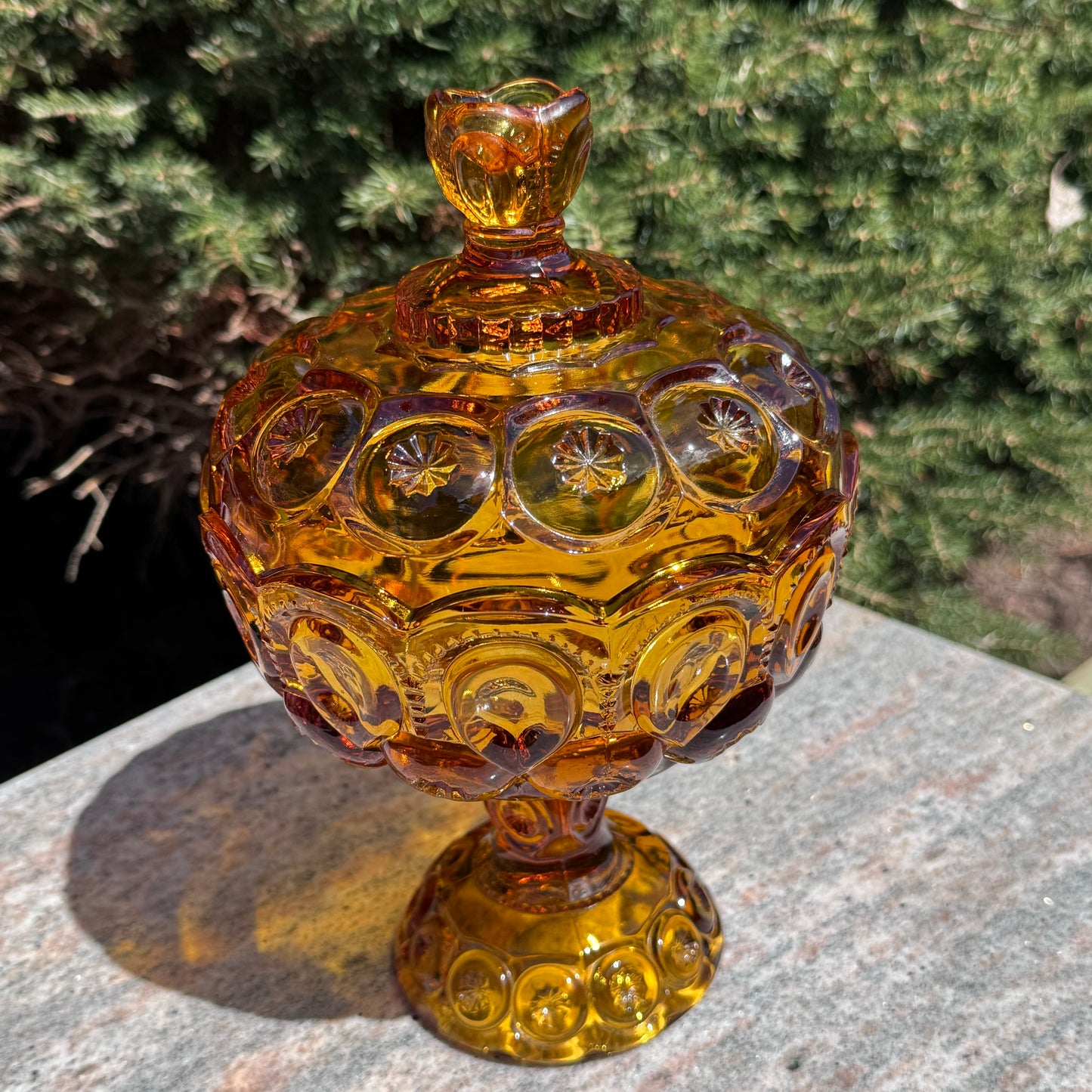 Vintage L. E. Smith Soft Topaz Moon and Stars Pedestal Covered Candy Dish
