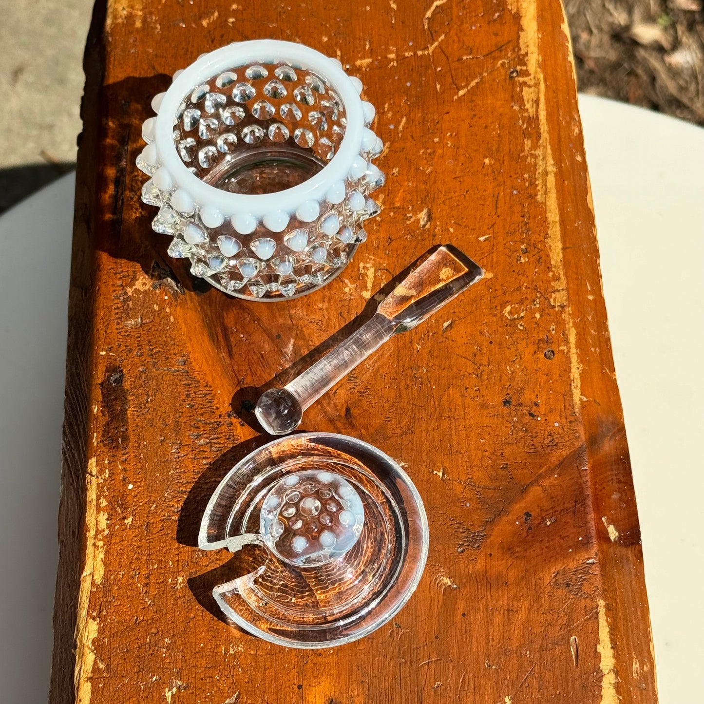 Fenton Hobnail Opalescent Moonstone Covered Jam, Jelly Jar or Mustard Jar