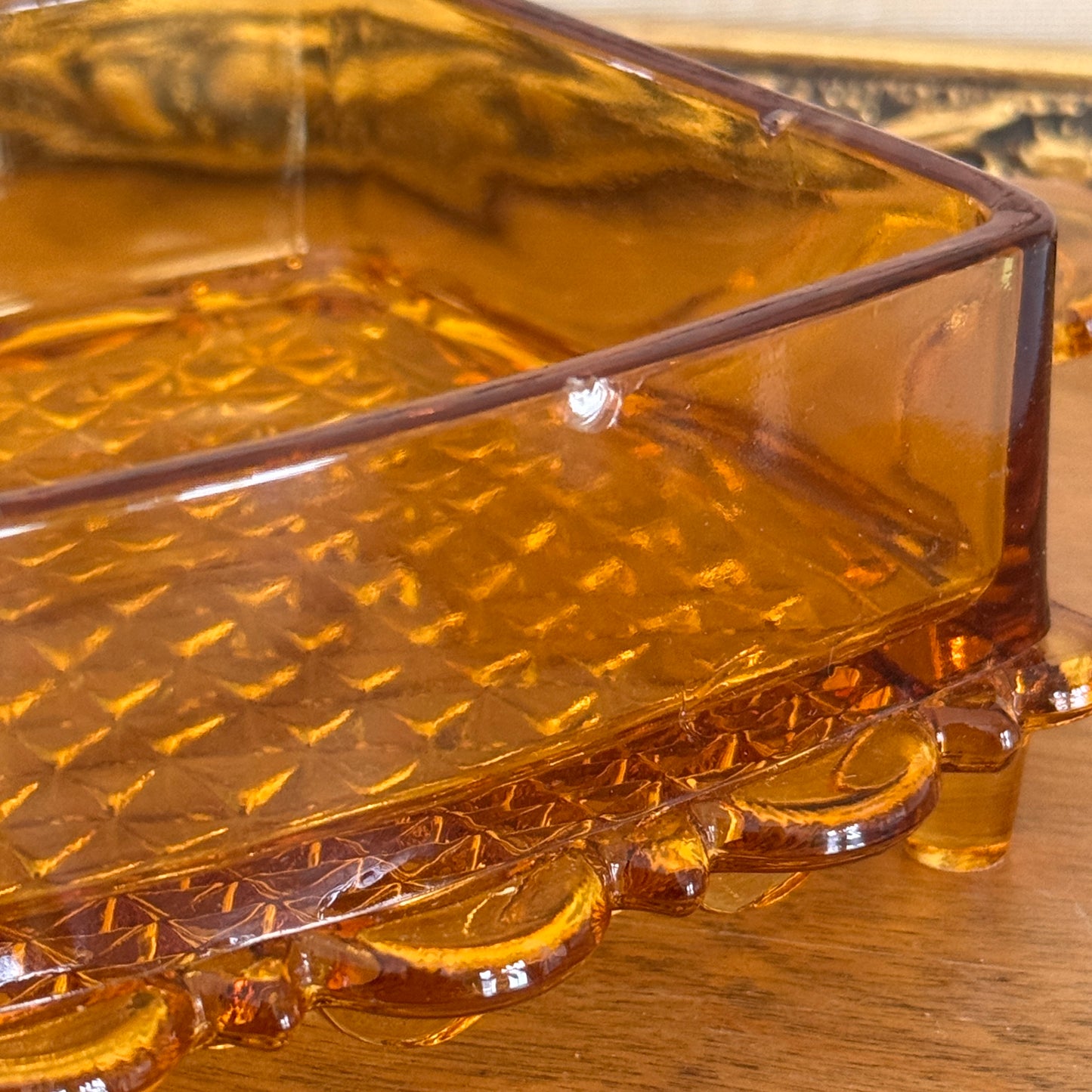 Vintage L.G. Wright Amber Hued Lidded Flat Iron Depression Glass Candy Dish