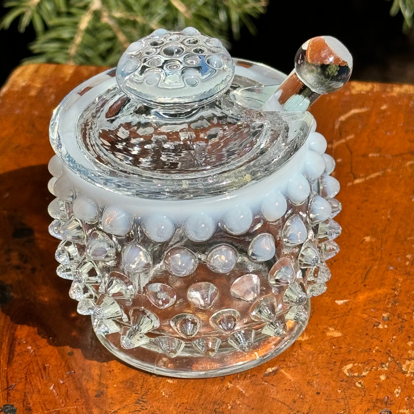 Fenton Hobnail Opalescent Moonstone Covered Jam, Jelly Jar or Mustard Jar