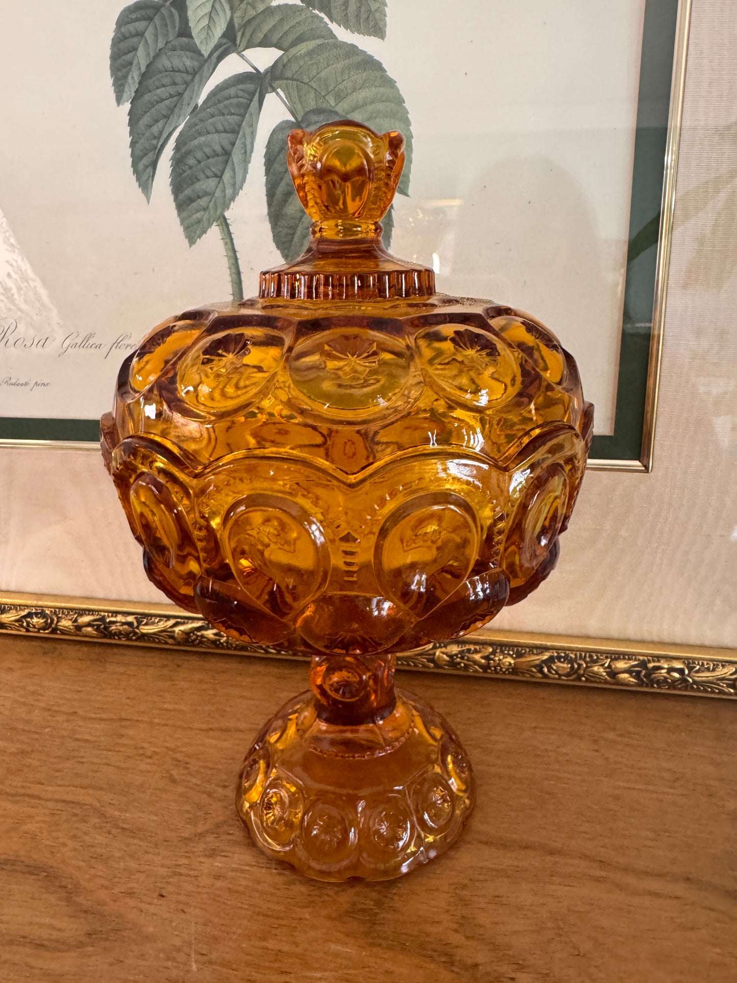 Vintage L. E. Smith Soft Topaz Moon and Stars Pedestal Covered Candy Dish