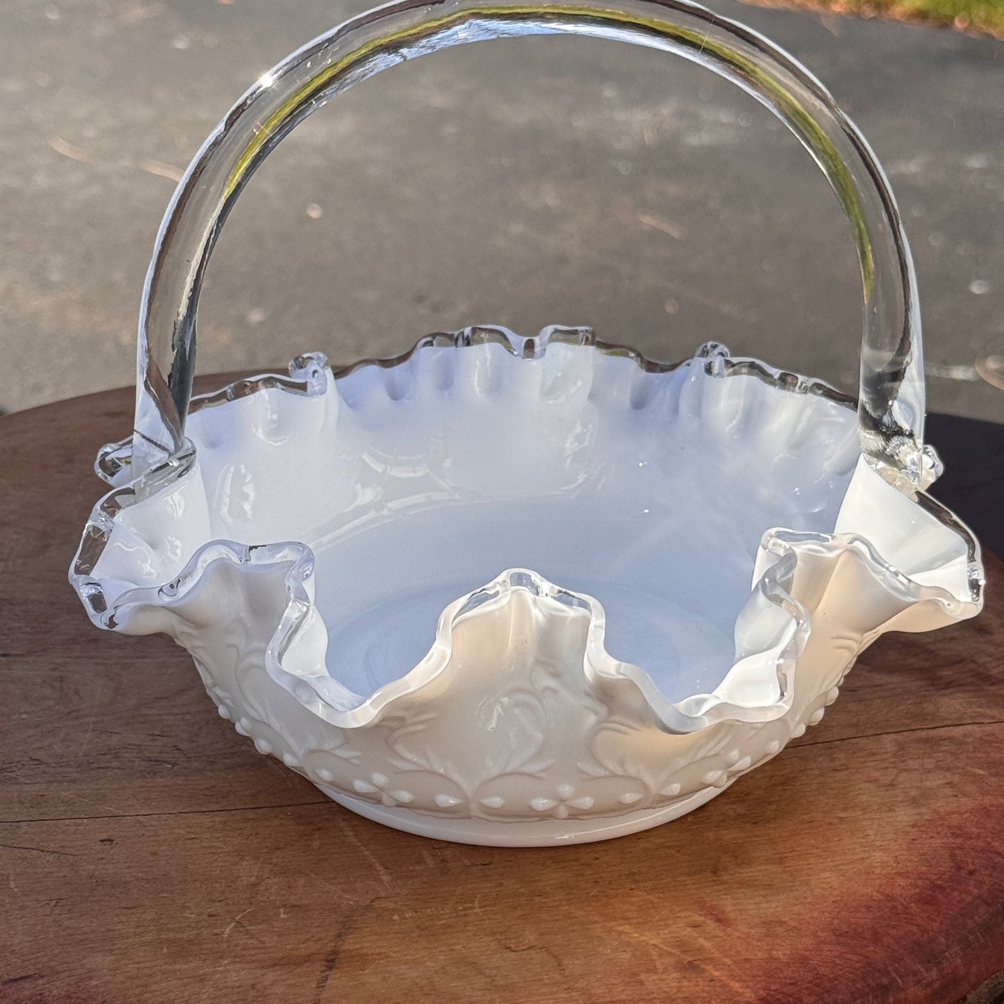 Vintage Fenton White Ruffled Silver Crest Spanish Lace Glass Basket