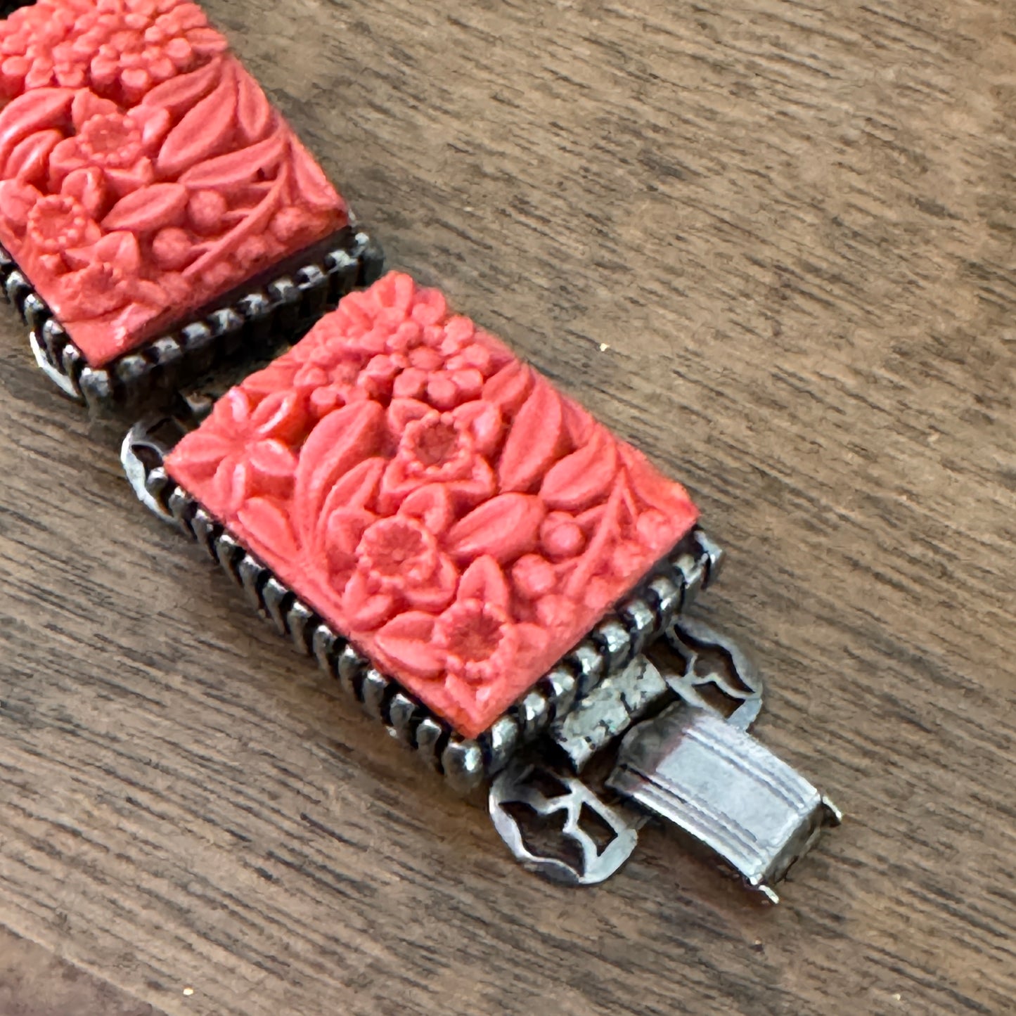 Vintage Hefty Coral Hued Floral Chunky Celluloid Linked Book Chain Bracelet